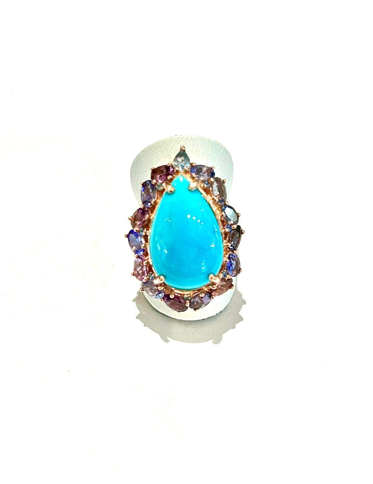 Pear Cut Bochic “Capri” Vintage Turquoise & Tanzanite Ring Set In 18K White Gold & For Sale