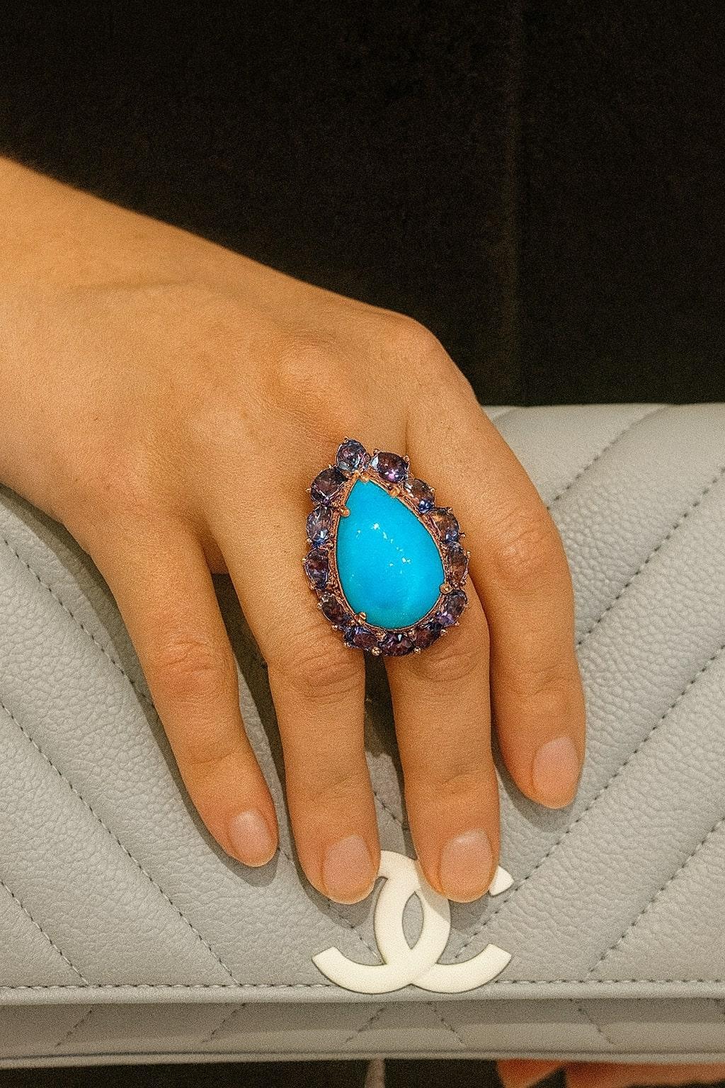 Bochic “Capri” Vintage Turquoise & Tanzanite Ring Set In 18K White Gold & For Sale 1