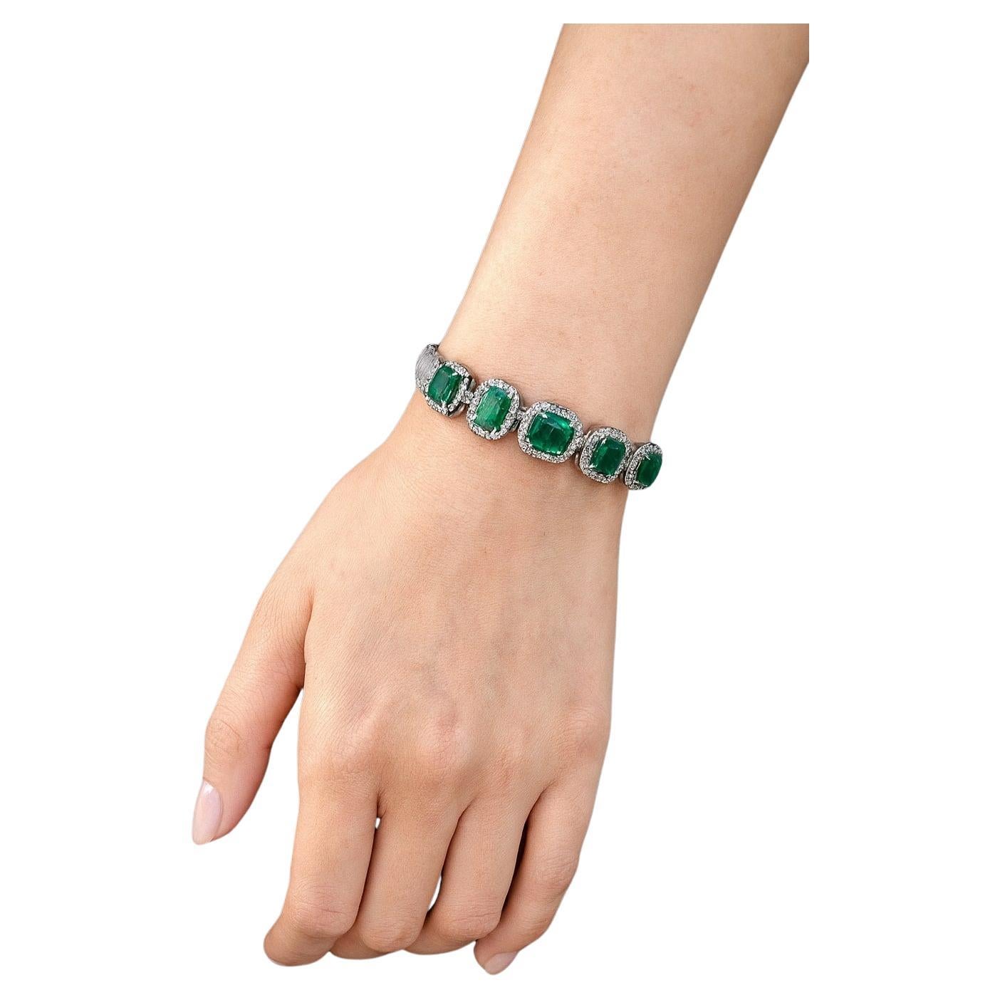 Bochic "Capri" Bracciale vintage con smeraldo e diamanti dello Zambia in oro e argento 18 carati