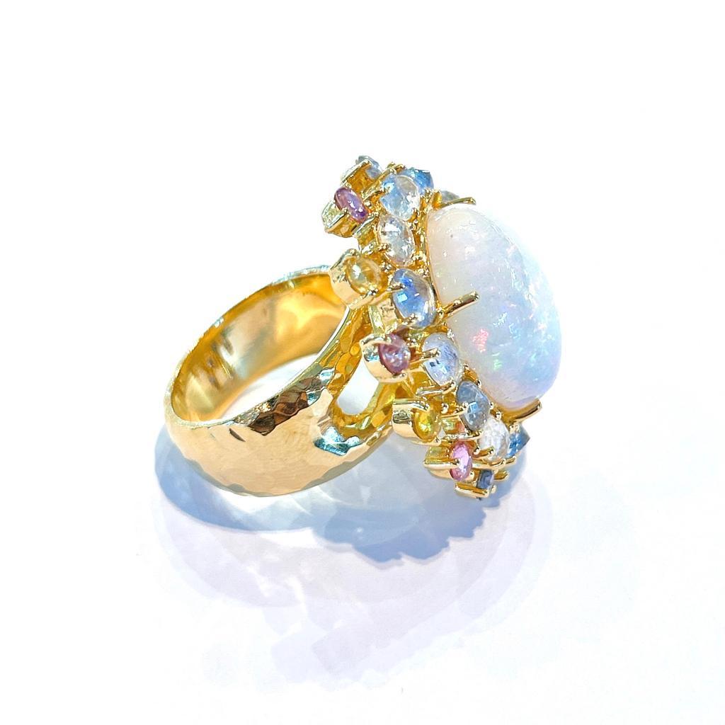 Baroque Bochic “Capri” White Fire Opal & Rose Cut Sapphires Set in 18K Gold & Silver  For Sale