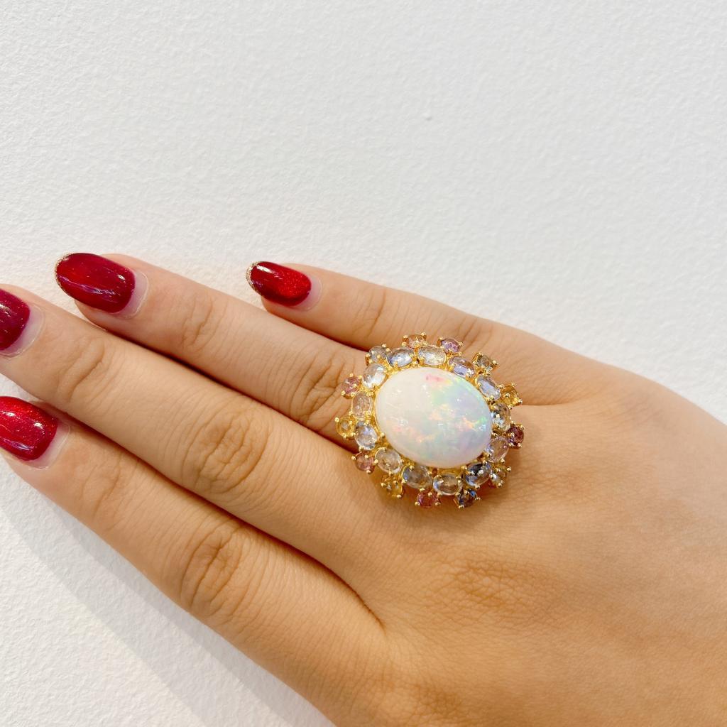 Bochic “Capri” White Fire Opal & Rose Cut Sapphires Set in 18K Gold & Silver  For Sale 3