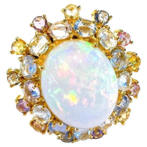Bochic “Capri” White Fire Opal & Rose Cut Sapphires Set in 18K Gold & Silver  For Sale