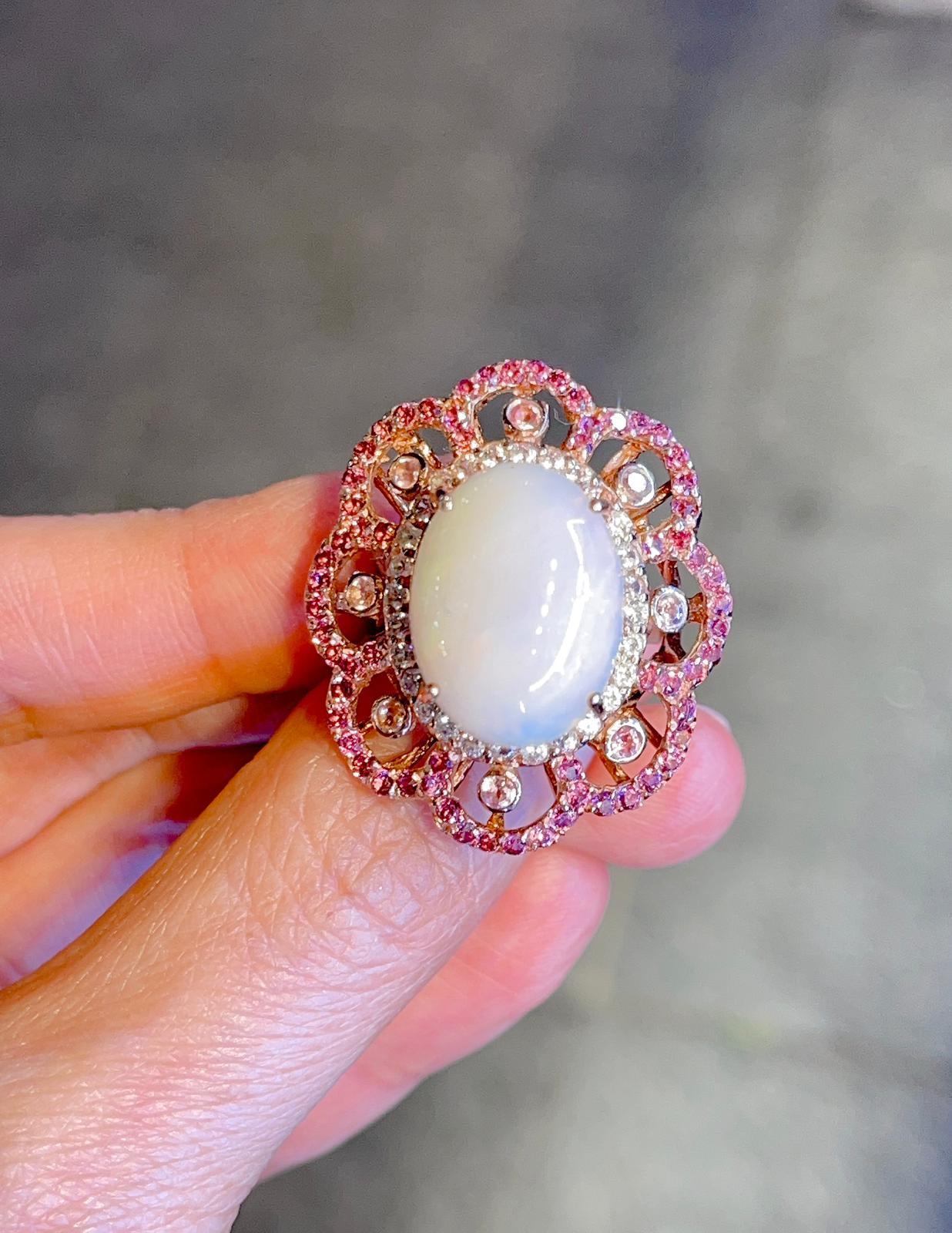 Cabochon Bochic “Capri” White Opal Cocktail Ring with Rodorite & White Topaz Set In 22K . For Sale