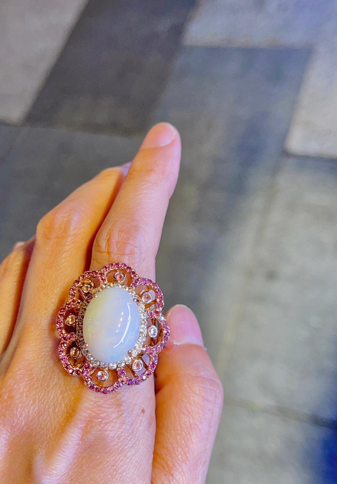 Bochic “Capri” White Opal Cocktail Ring with Rodorite & White Topaz Set In 22K . In New Condition For Sale In New York, NY