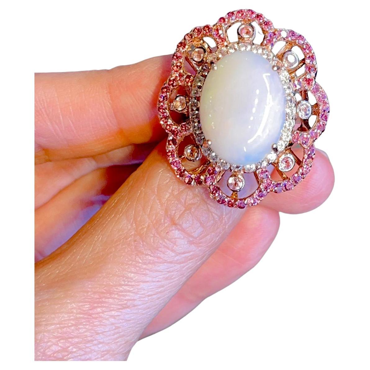 Bochic “Capri” White Opal Cocktail Ring with Rodorite & White Topaz Set In 22K . For Sale