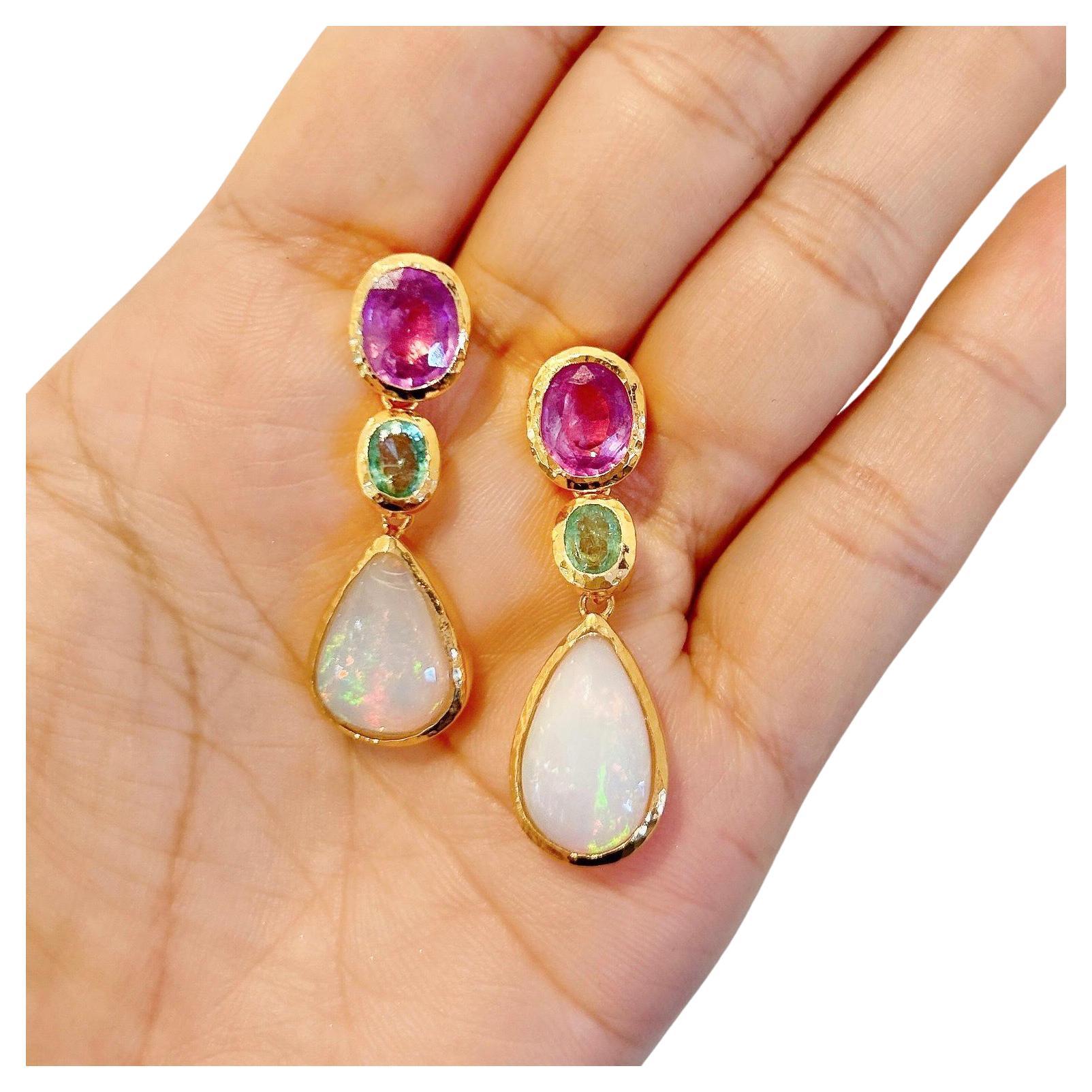 Bochic “Capri” White Opal, Pink sapphire, Emerald Earrings Set In 22K Gold & Silver 
Beautiful Natural Pink Red Oval shape sapphires from Sri Lanka  - 9 carats 
Natural Green Emeralds from Zambia - 3 Carats 
Oval brilliant shapes 
White opal from