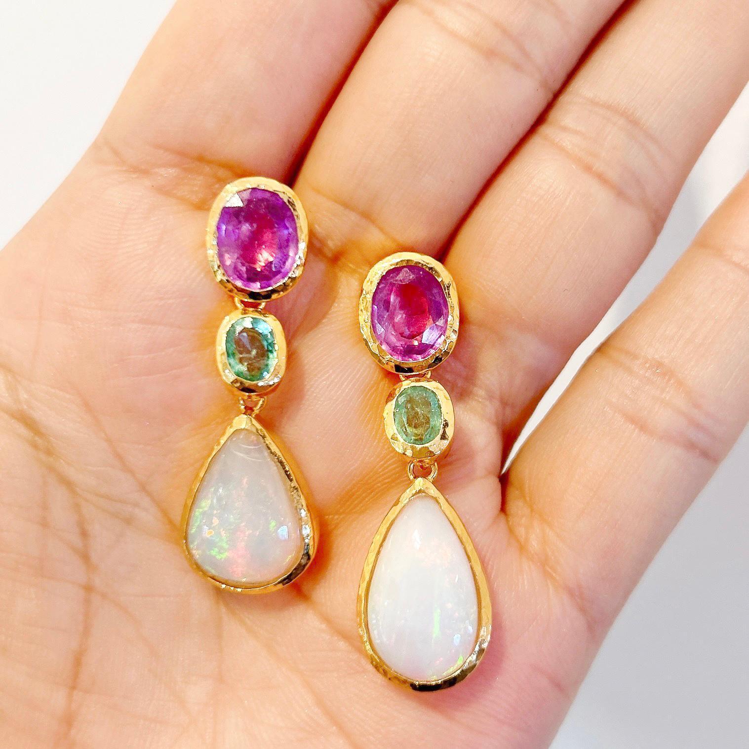 Belle Époque Bochic “Capri” White Opal, Sapphire & Emerald Earrings Set In 22K Gold & Silver
