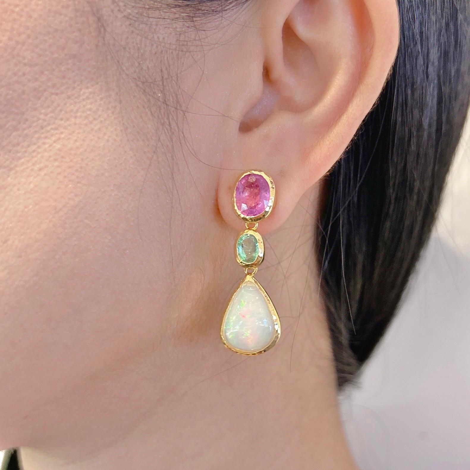 Brilliant Cut Bochic “Capri” White Opal, Sapphire & Emerald Earrings Set In 22K Gold & Silver