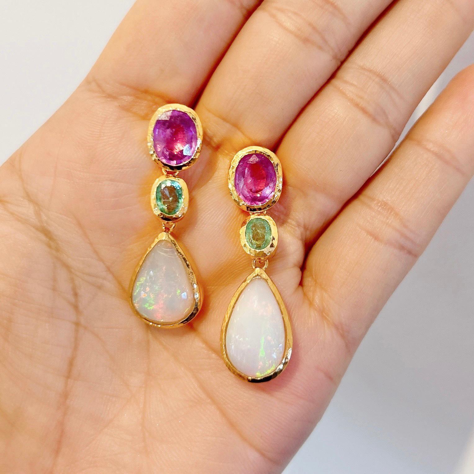 Bochic “Capri” White Opal, Sapphire & Emerald Earrings Set In 22K Gold & Silver In New Condition In New York, NY
