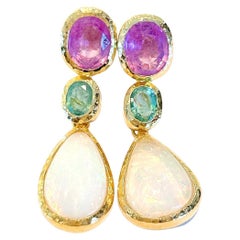 Bochic “Capri” White Opal, Sapphire & Emerald Earrings Set In 22K Gold & Silver