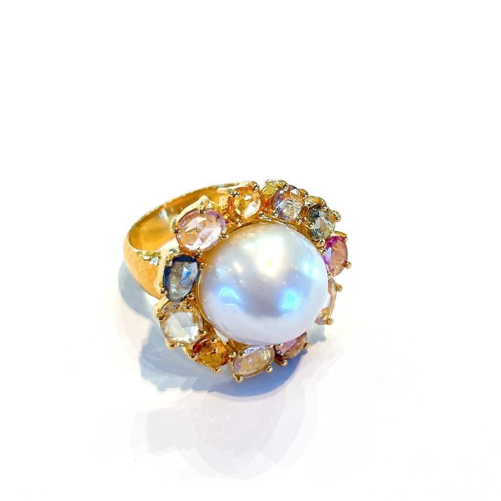 Baroque Bochic “Capri” White Pearl & Rose cut Sapphires Ring Set in 18K Gold & Silver  For Sale