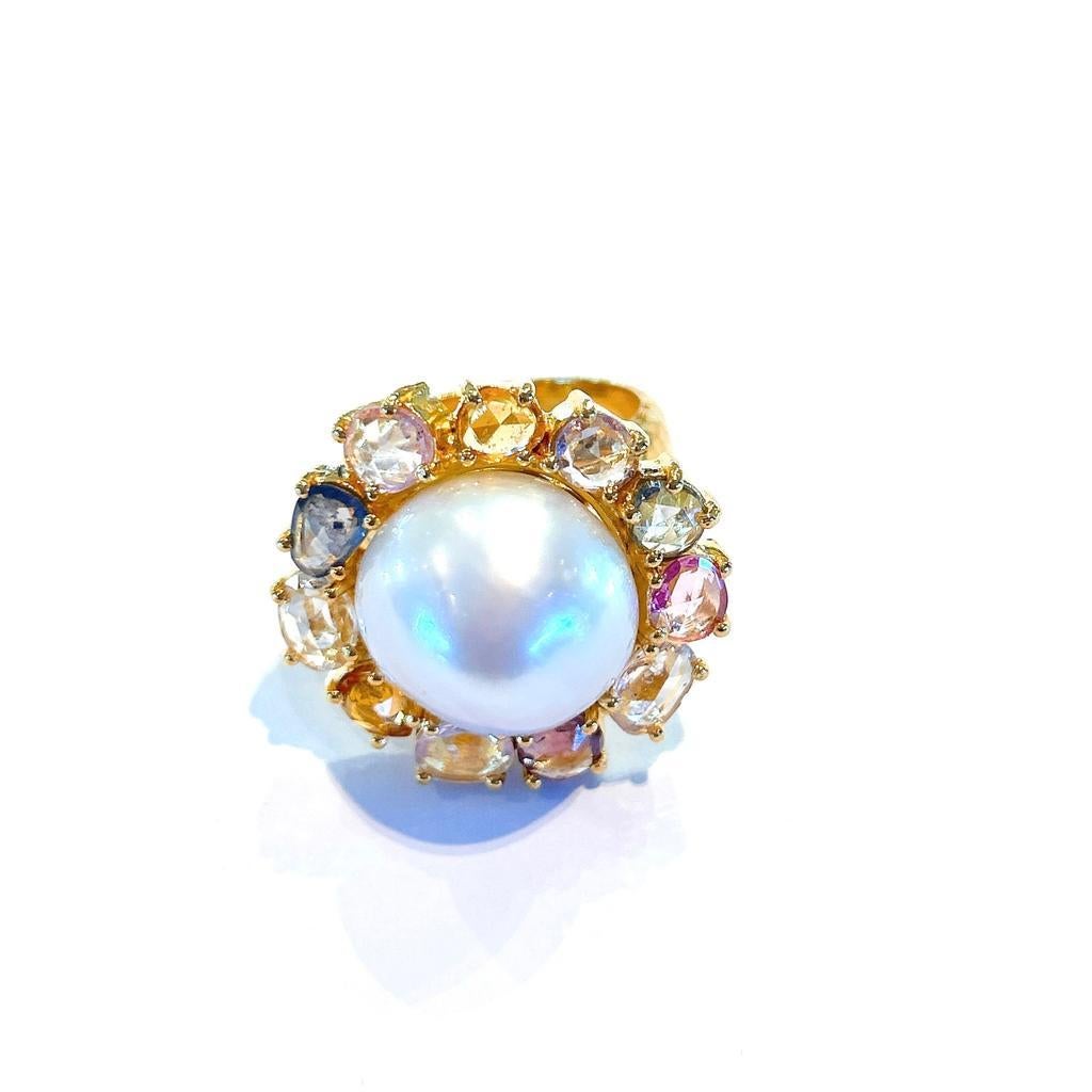 Rose Cut Bochic “Capri” White Pearl & Rose cut Sapphires Ring Set in 18K Gold & Silver  For Sale