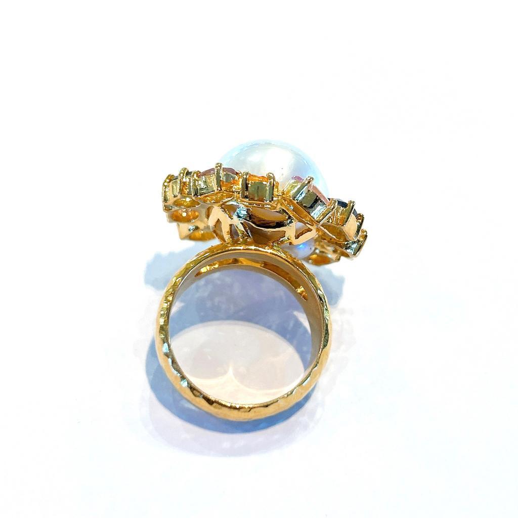 Bochic “Capri” White Pearl & Rose cut Sapphires Ring Set in 18K Gold & Silver  In New Condition For Sale In New York, NY