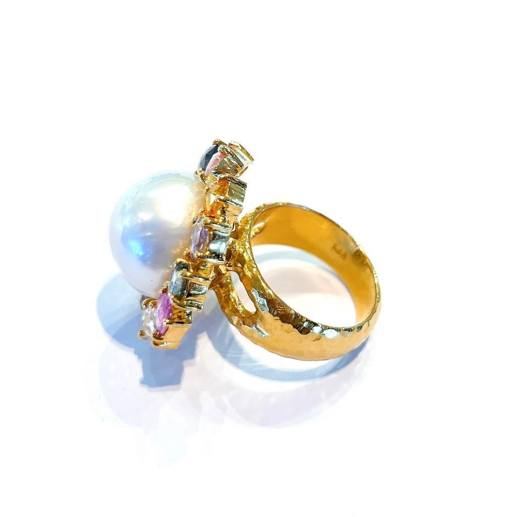 Women's Bochic “Capri” White Pearl & Rose cut Sapphires Ring Set in 18K Gold & Silver  For Sale