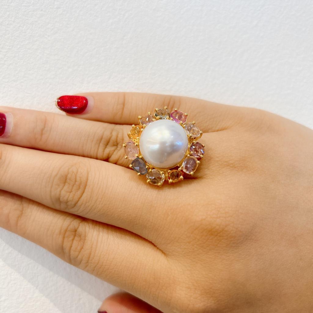 Bochic “Capri” White Pearl & Rose cut Sapphires Ring Set in 18K Gold & Silver  For Sale 1