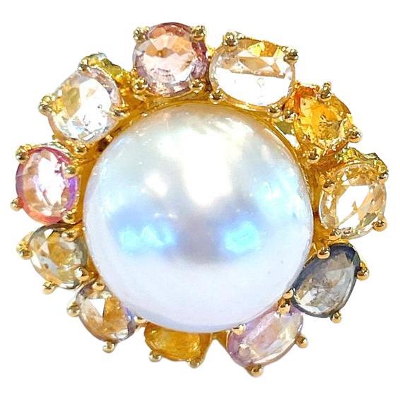 Bochic “Capri” White Pearl & Rose cut Sapphires Ring Set in 18K Gold & Silver  For Sale