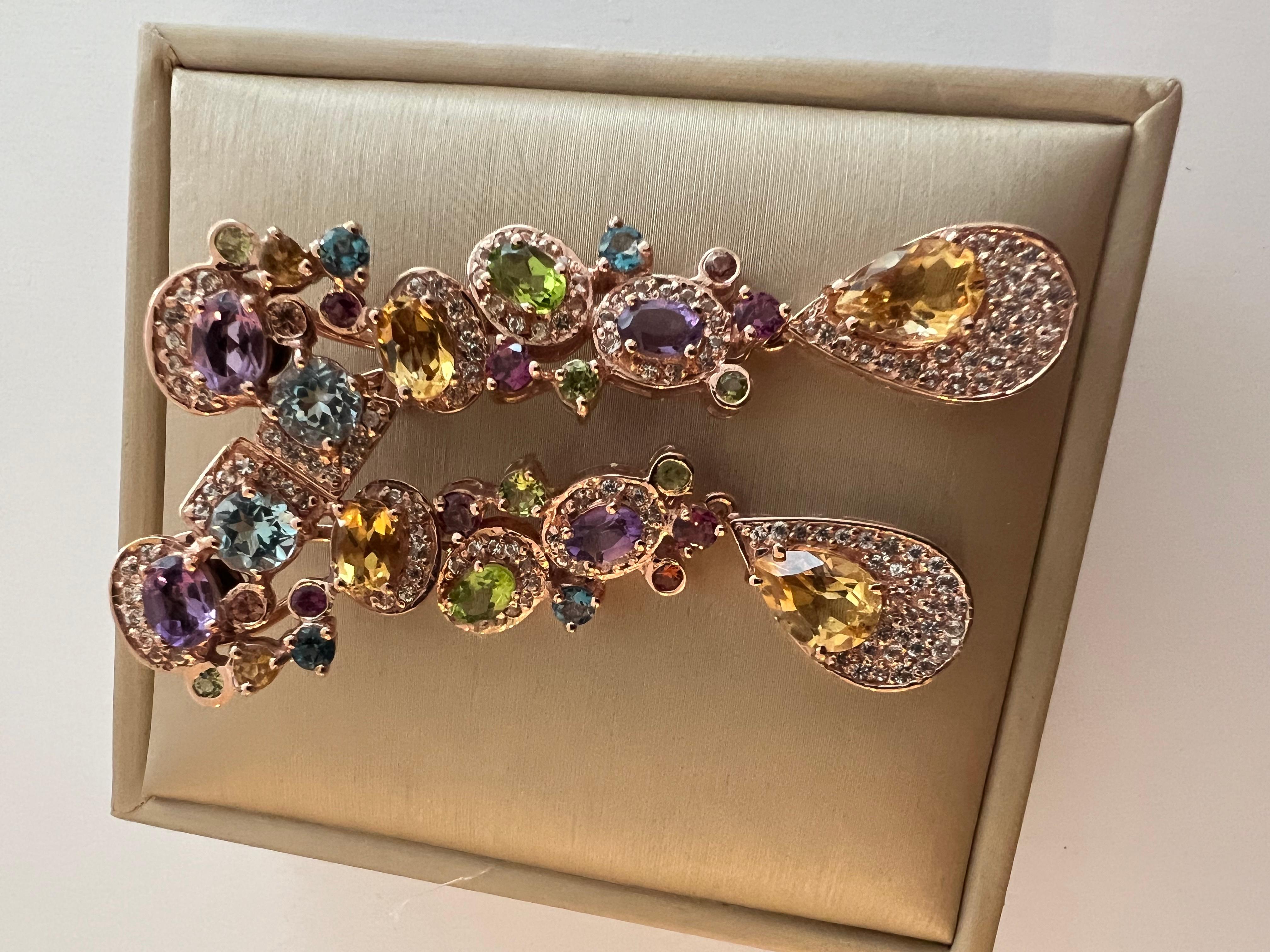 Bochic Cascading “Capri” Multi Natural Gem Earrings Set in 22k Gold & Silver 7