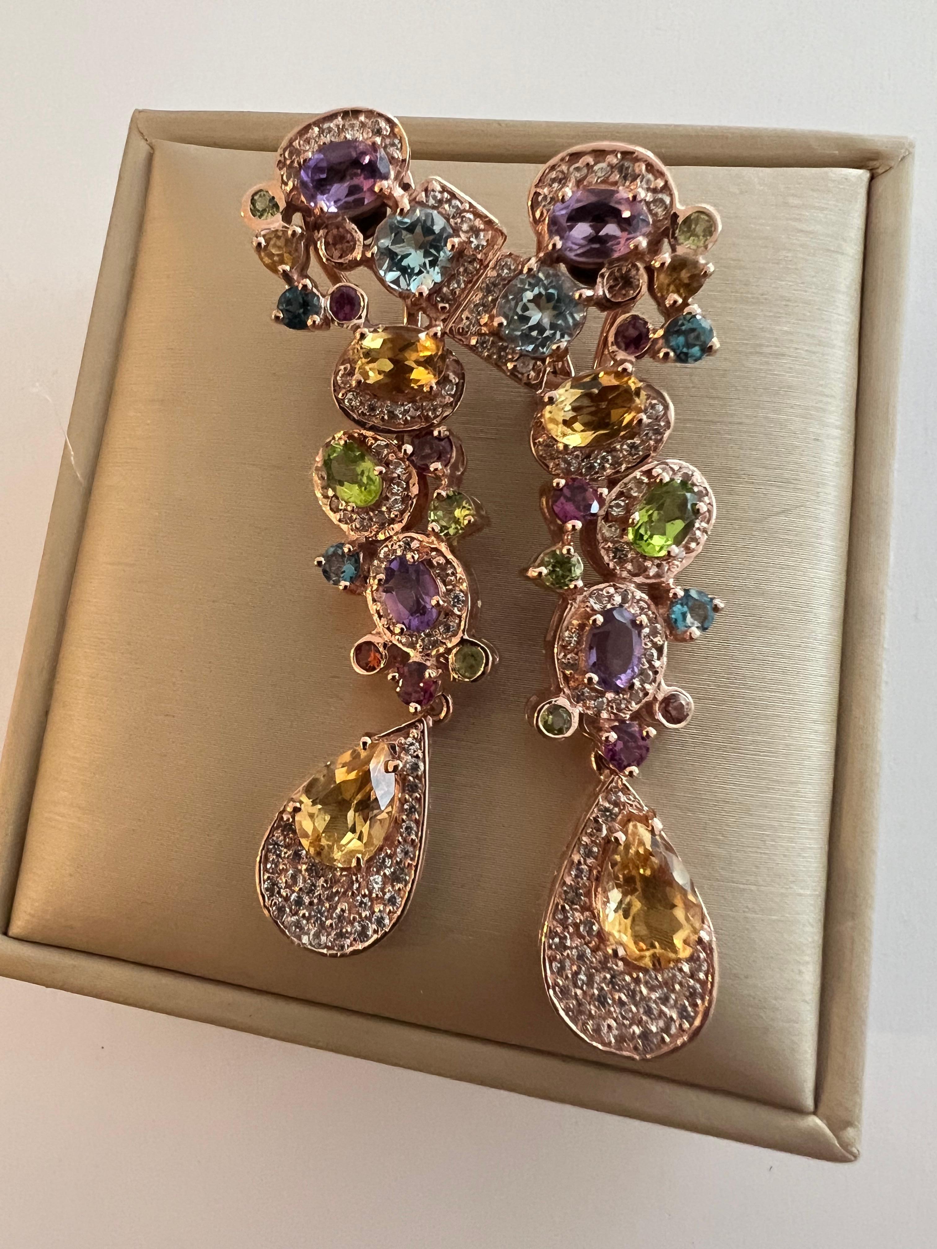 Bochic Cascading “Capri” Multi Natural Gem Earrings Set in 22k Gold & Silver For Sale 7