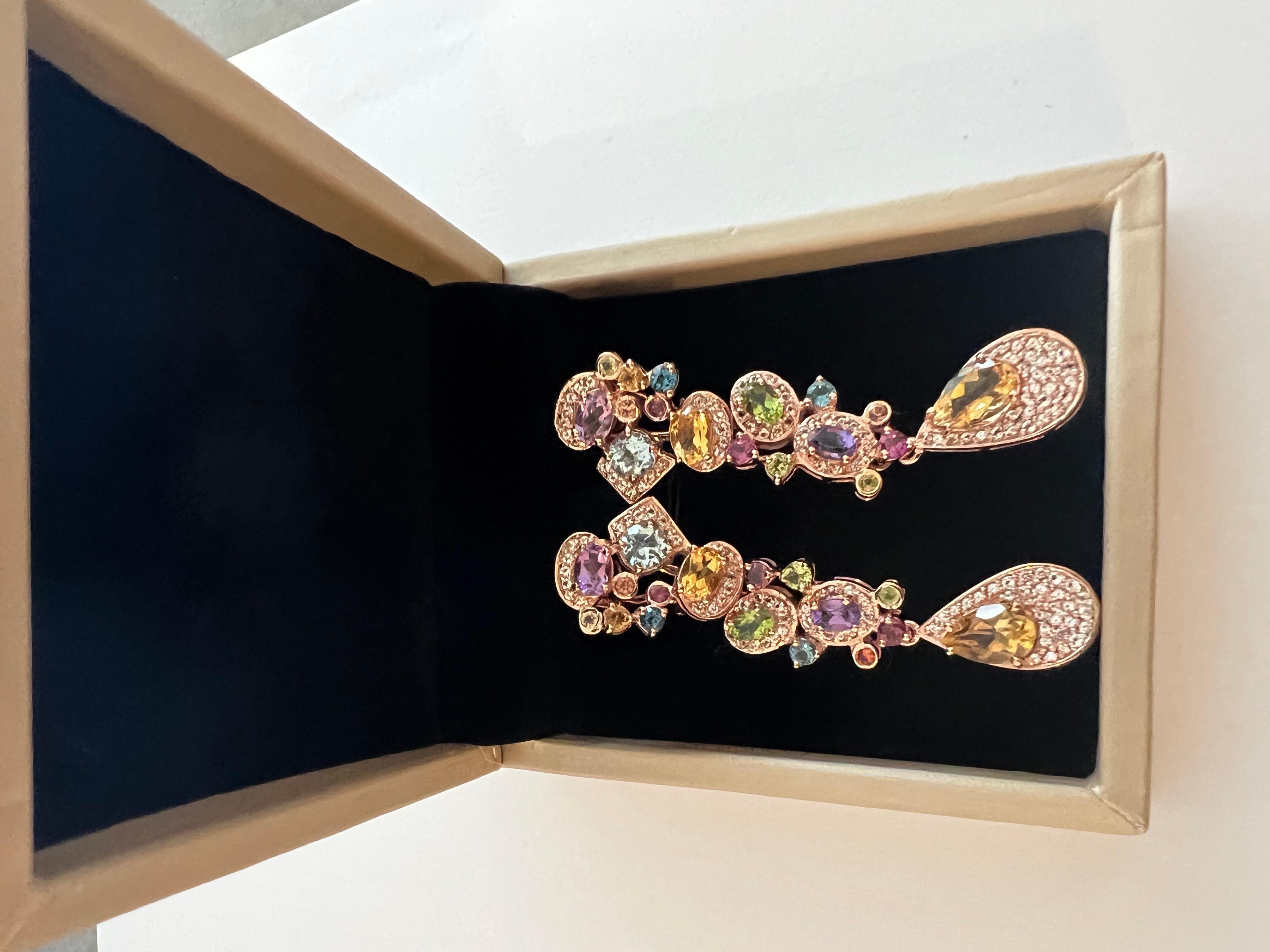 Bochic Cascading “Capri” Multi Natural Gem Earrings Set in 22k Gold & Silver 8