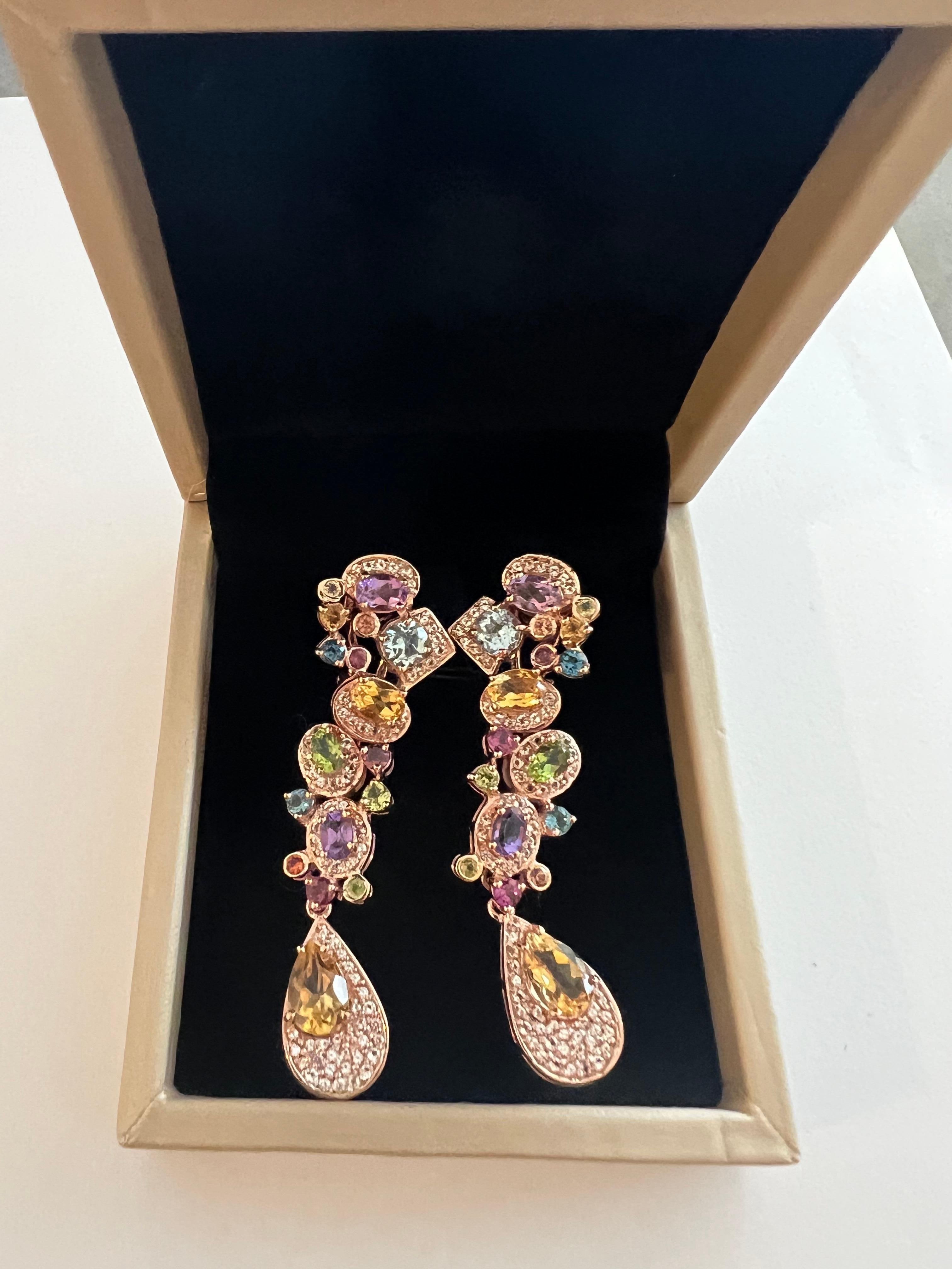 Bochic Cascading “Capri” Multi Natural Gem Earrings Set in 22k Gold & Silver For Sale 8