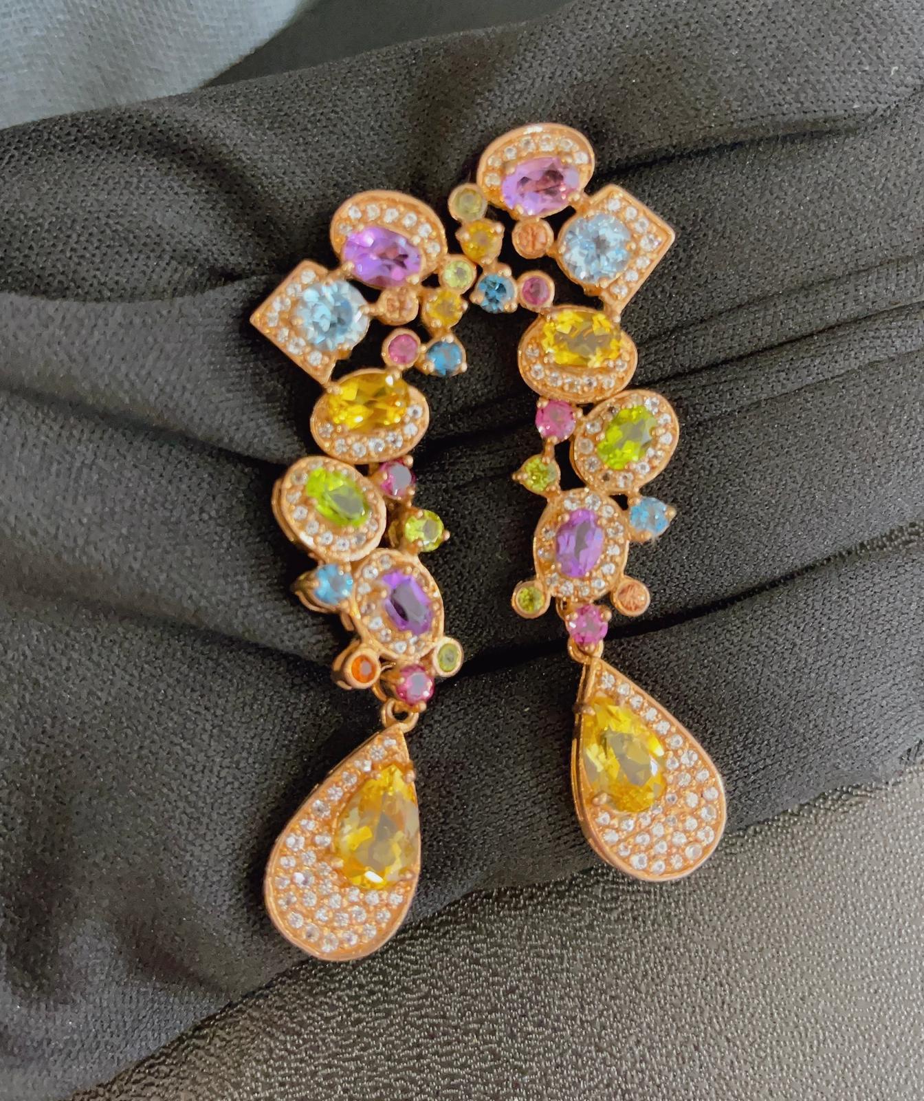 Belle Époque Bochic Cascading “Capri” Multi Natural Gem Earrings Set in 22k Gold & Silver