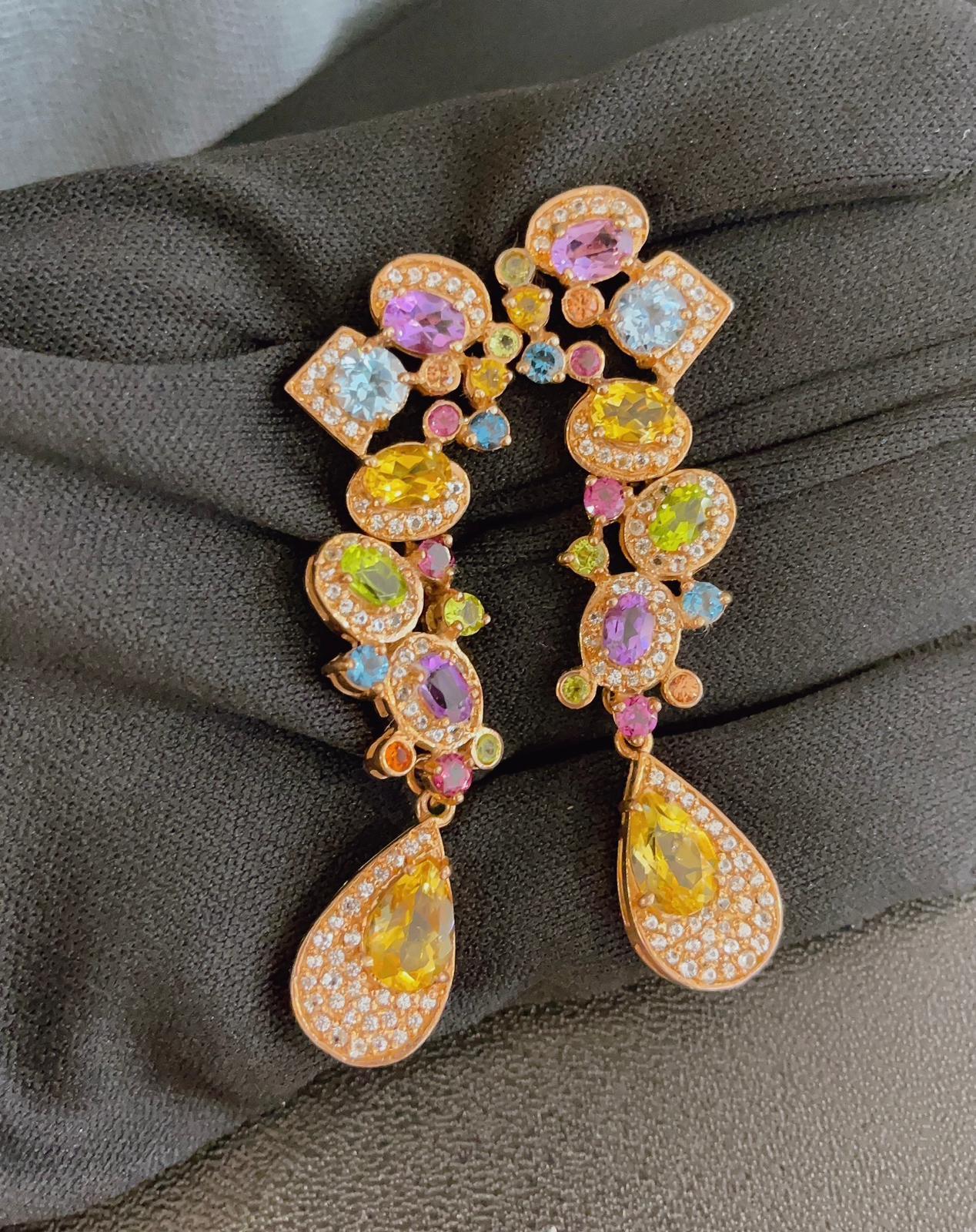 Brilliant Cut Bochic Cascading “Capri” Multi Natural Gem Earrings Set in 22k Gold & Silver For Sale