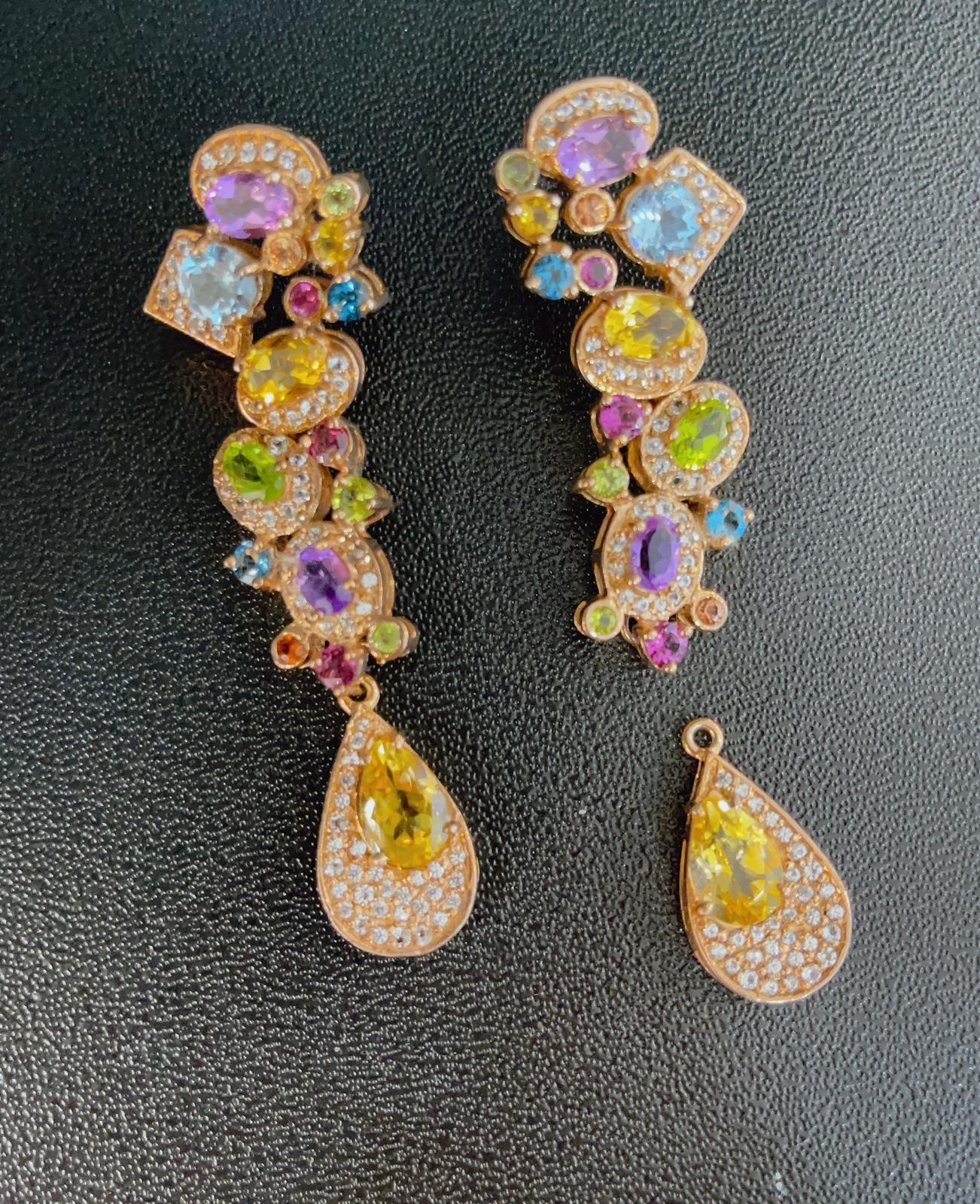 Bochic Cascading “Capri” Multi Natural Gem Earrings Set in 22k Gold & Silver In New Condition For Sale In New York, NY