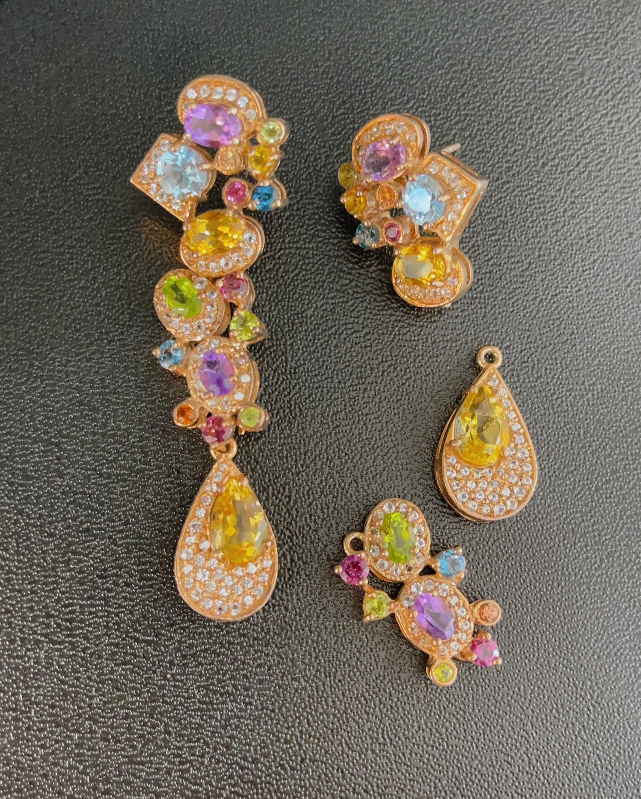 Women's Bochic Cascading “Capri” Multi Natural Gem Earrings Set in 22k Gold & Silver For Sale
