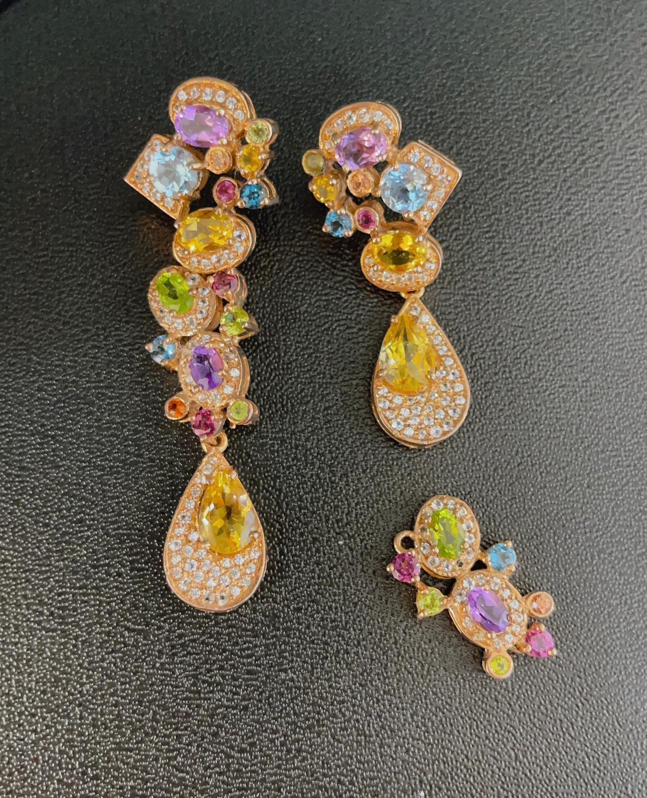 Bochic Cascading “Capri” Multi Natural Gem Earrings Set in 22k Gold & Silver For Sale 1