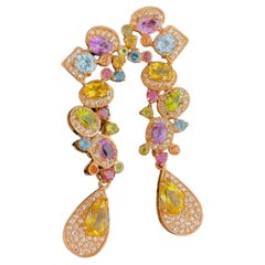 Bochic Cascading “Capri” Multi Natural Gem Earrings Set in 22k Gold & Silver