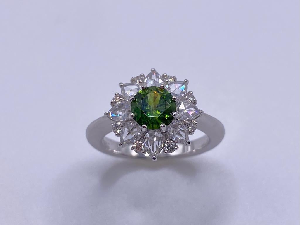 British Colonial Bochic Classic & Elegant Platinum Cluster Diamond & Green Garnet  Ring  For Sale