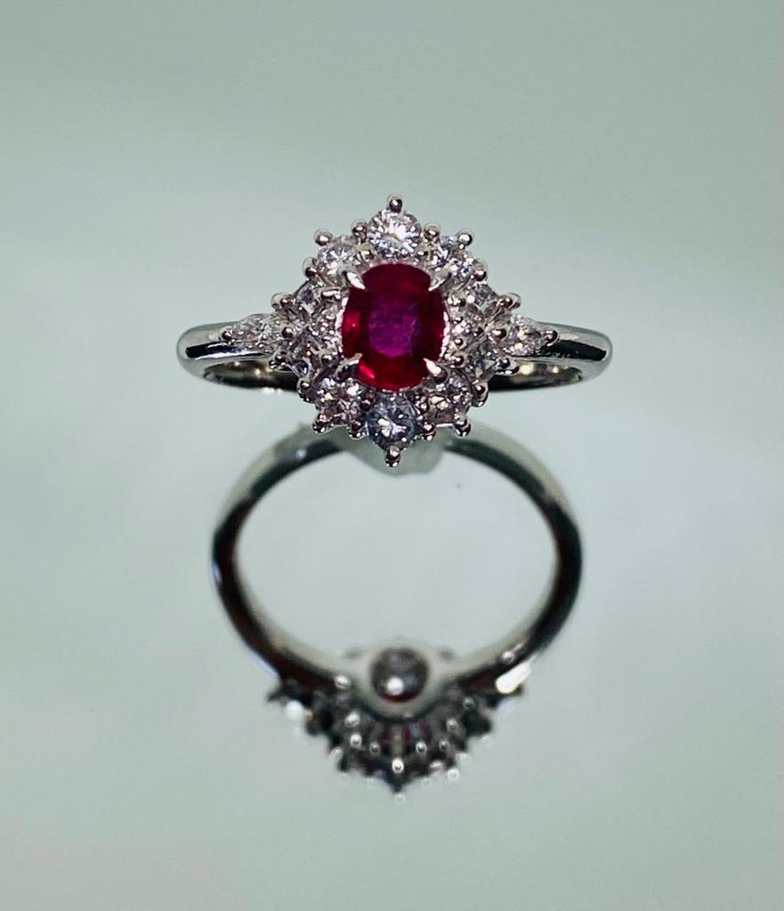 Women's Bochic Classic & Elegant Platinum Cluster Diamond & Red Ruby Ring  For Sale