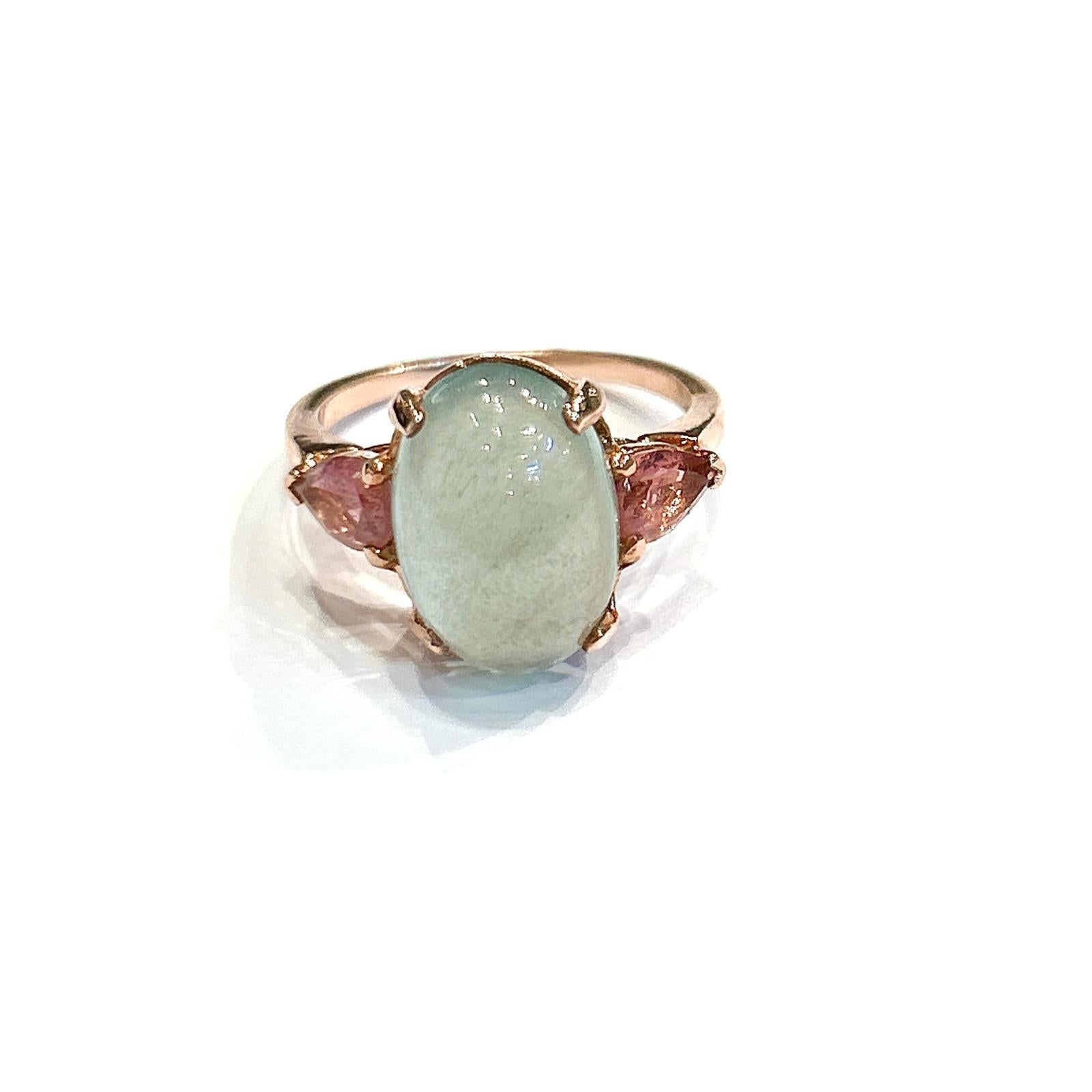 Bochic Classic Italian “Capri” Aquamarine Ring Set In 18K Gold & Silver 

Natural Aquamarine Cabochon  - 3.50 carats 
Natural Rose Tourmalines, pear shape - 2 carats 

This Ring is from the 