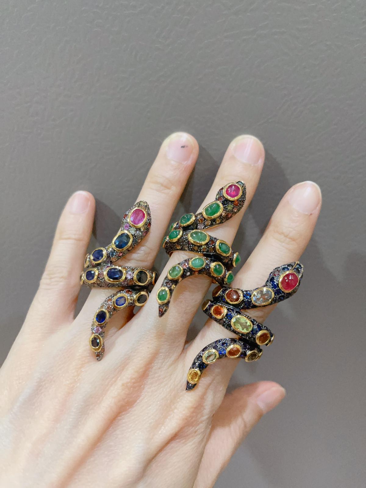 Women's Bochic “Orient” Cleopatra Serpent Ruby Ring and Fancy Sapphires Set in 22K Gold  For Sale