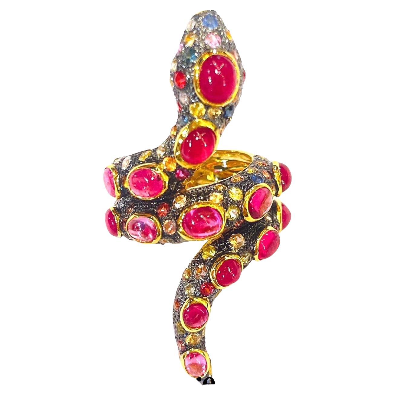 Art Nouveau Bochic “Orient” Cleopatra Serpent Ruby Ring and Fancy Sapphires Set in 22K Gold  For Sale