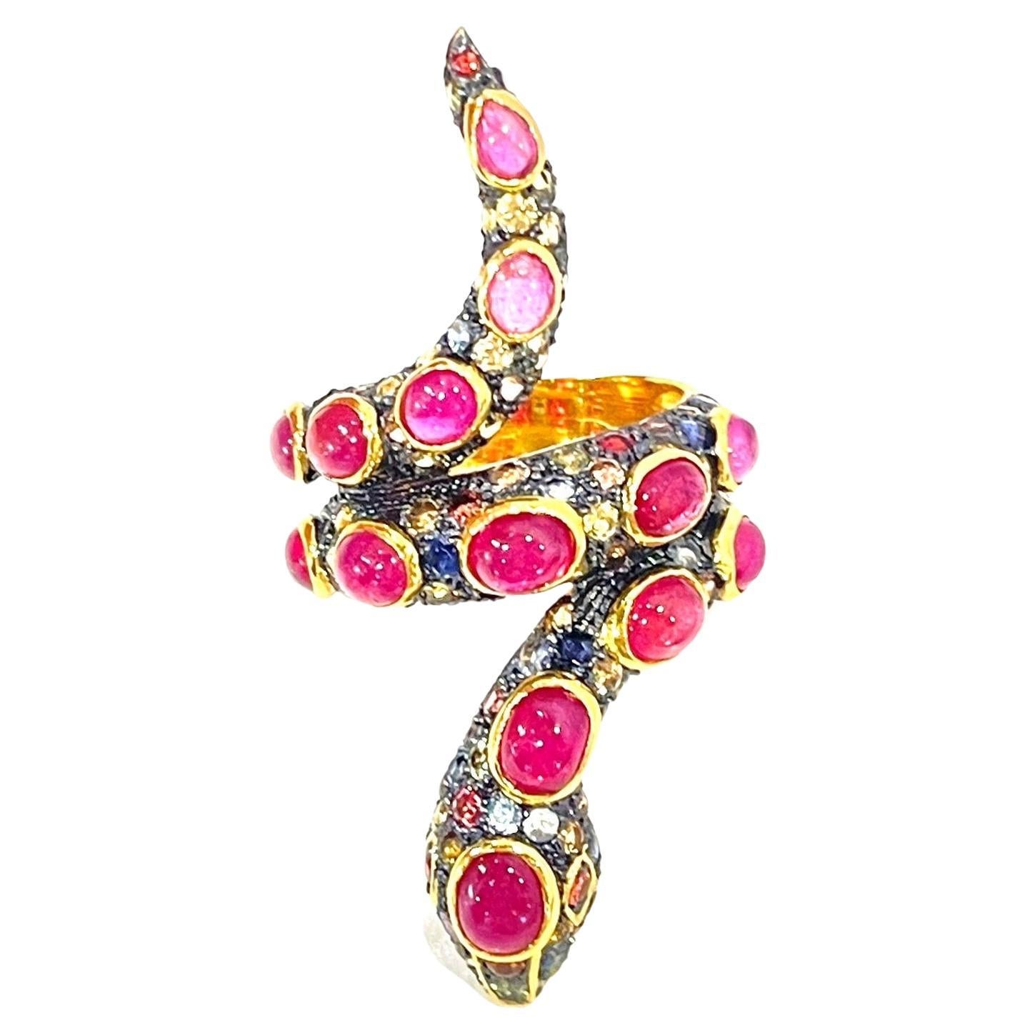 Bochic “Orient” Cleopatra Serpent Ruby Ring and Fancy Sapphires Set in 22K Gold  For Sale