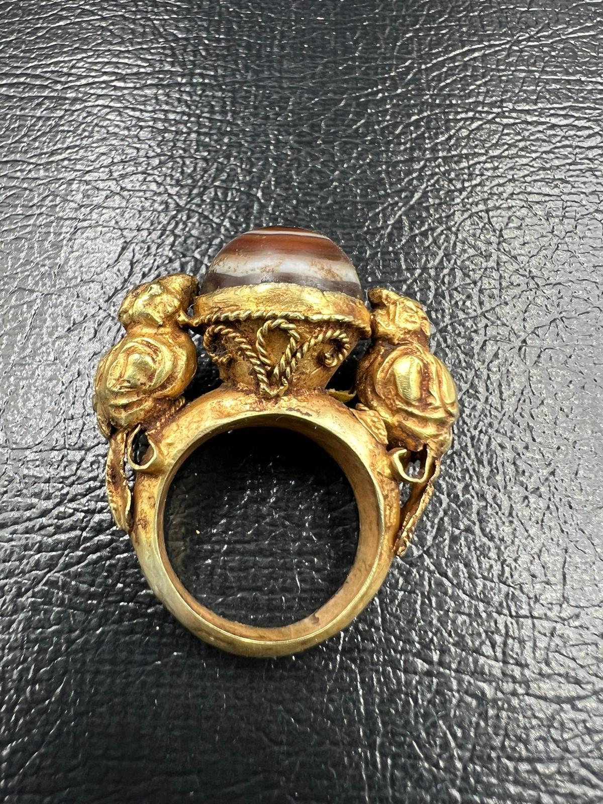 Byzantine Bochic Curated Antique Ring From Burma 18k Solid Gold & Antique Agate  For Sale