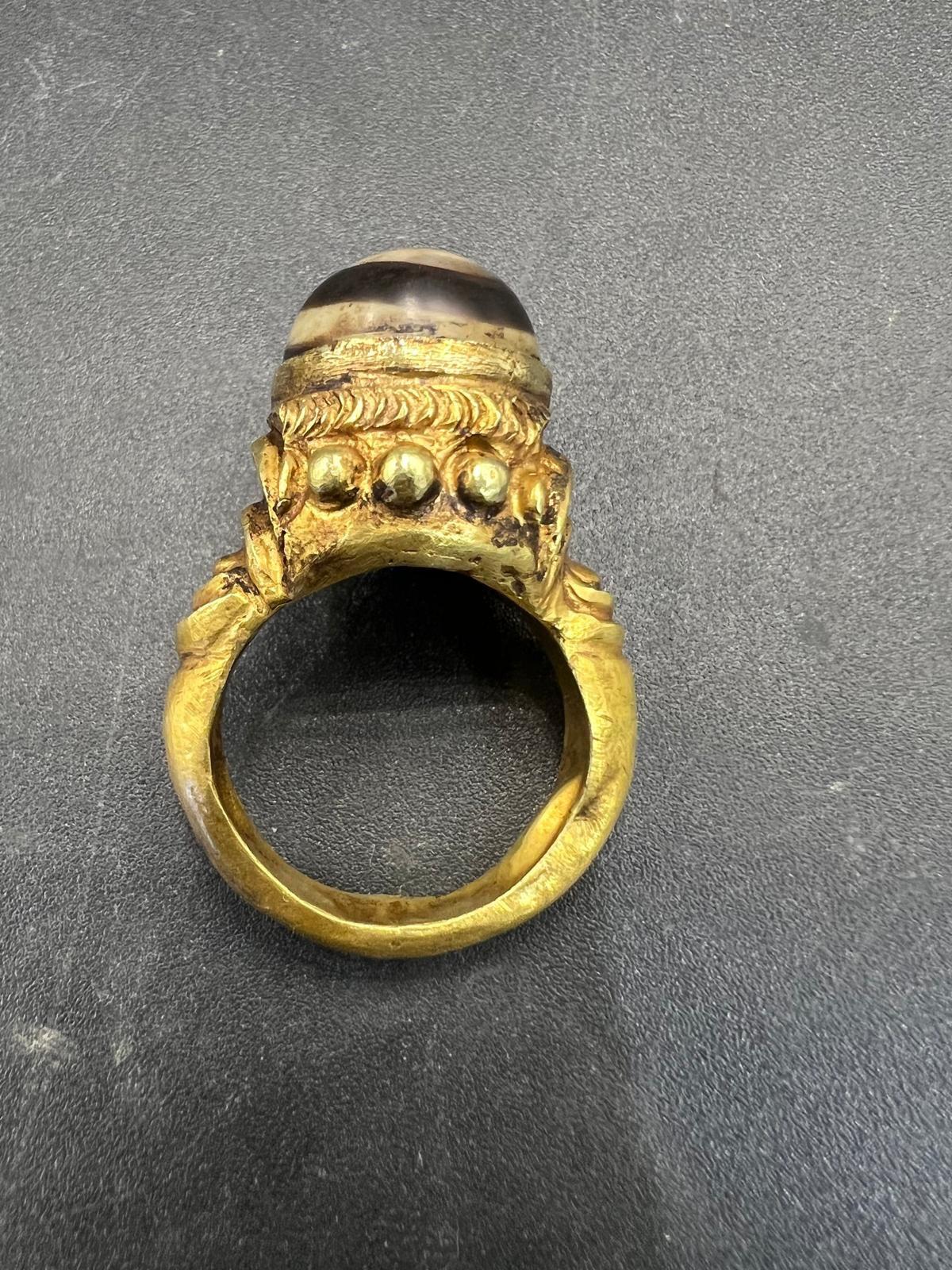 Antique Cushion Cut Bochic Curated Antique Ring From Burma 18k Solid Gold & Antique Agate For Sale