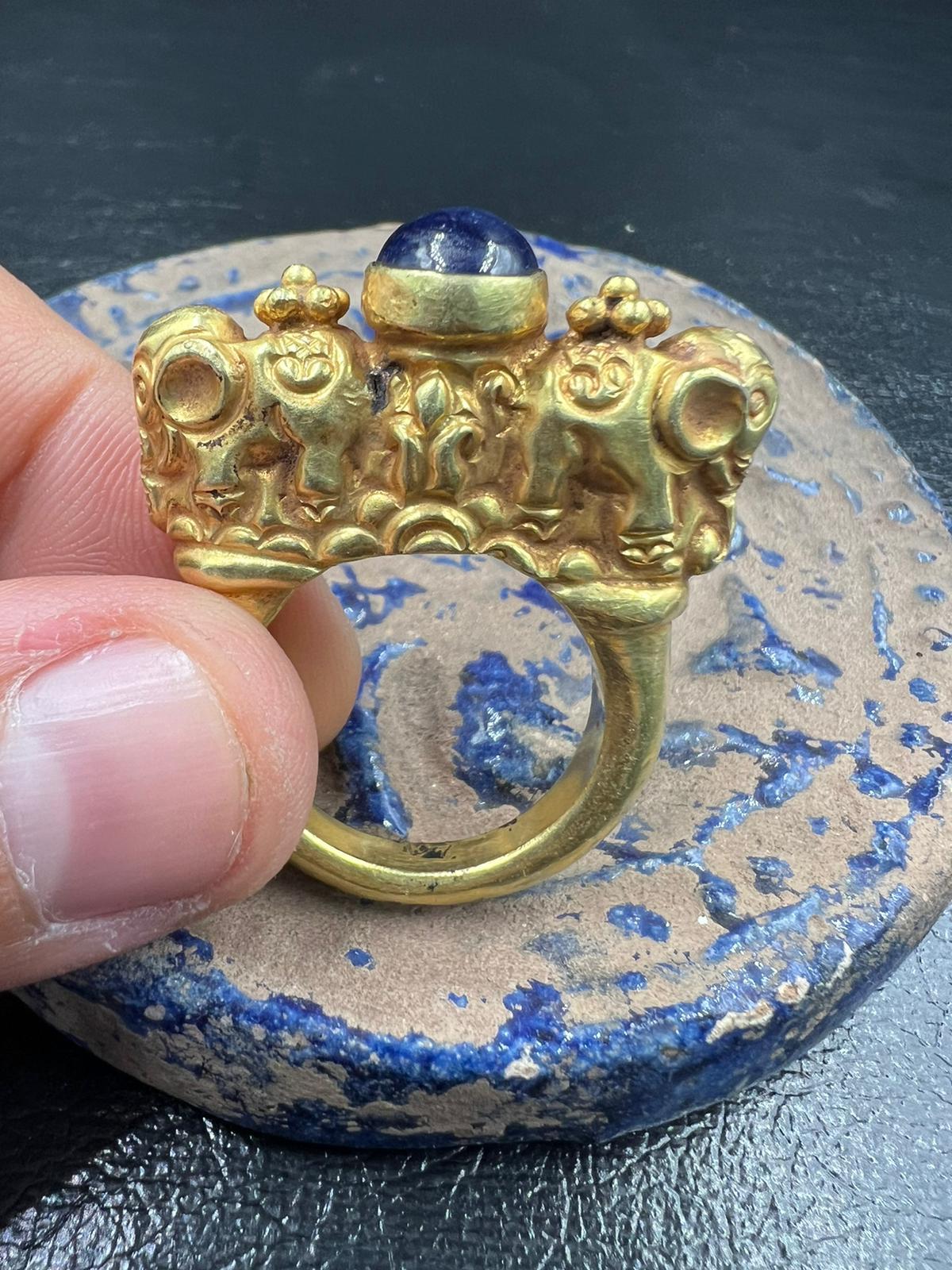 Byzantine Bochic Curated Antique Ring From Burma 18k Solid Gold & Antique Lapis Lazuli For Sale