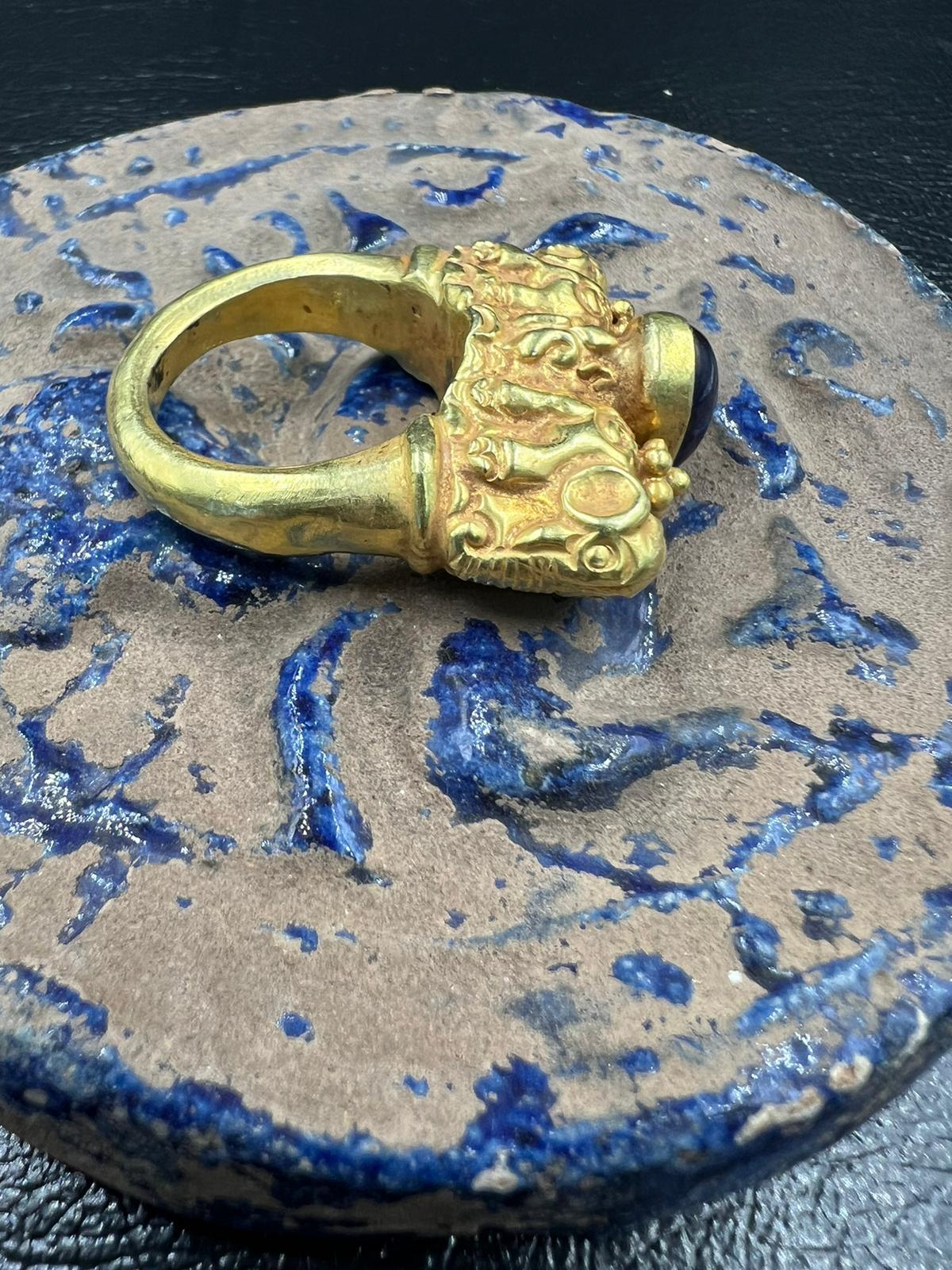 Cabochon Bochic Curated Antique Ring From Burma 18k Solid Gold & Antique Lapis Lazuli For Sale