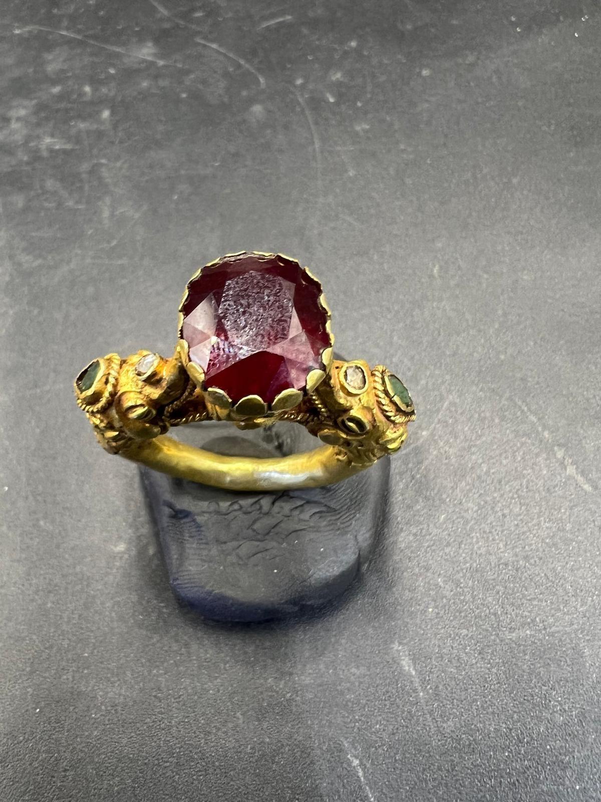 Bochic Curated Antique Ring From Burma 18k Solid Gold & Ruby & Emerlad

This is the kind of ring you see in a Museum
South East Asian Antique Agate Gem Old Burmese Pyu Pagan Gold Ring

Natural Oval Cut Ruby - 5 carat 
Natural Pearl Shape Emeralds -