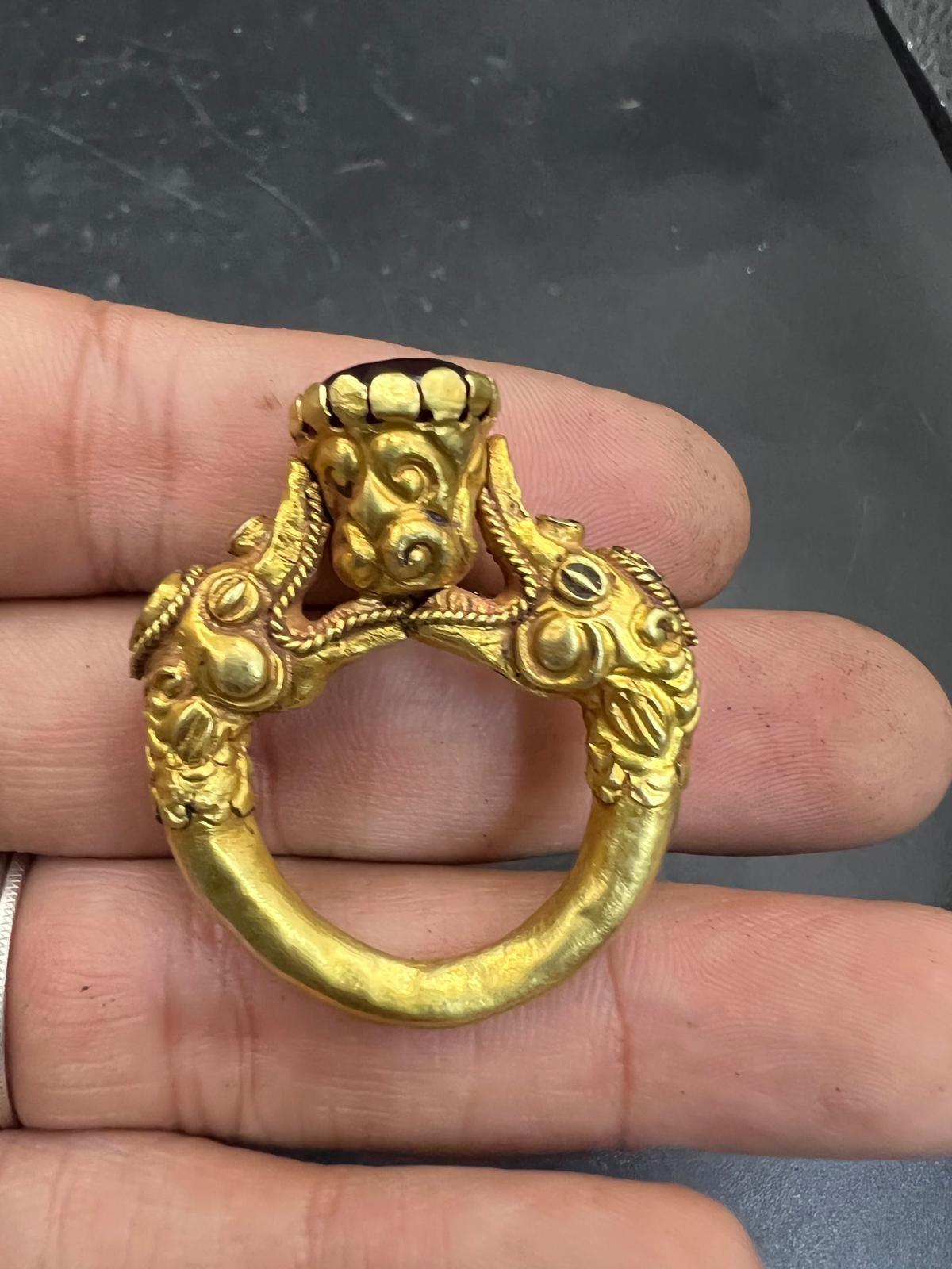 Retro Bochic Curated Antique Ring From Burma 18k Solid Gold With Ruby & Emeralds For Sale