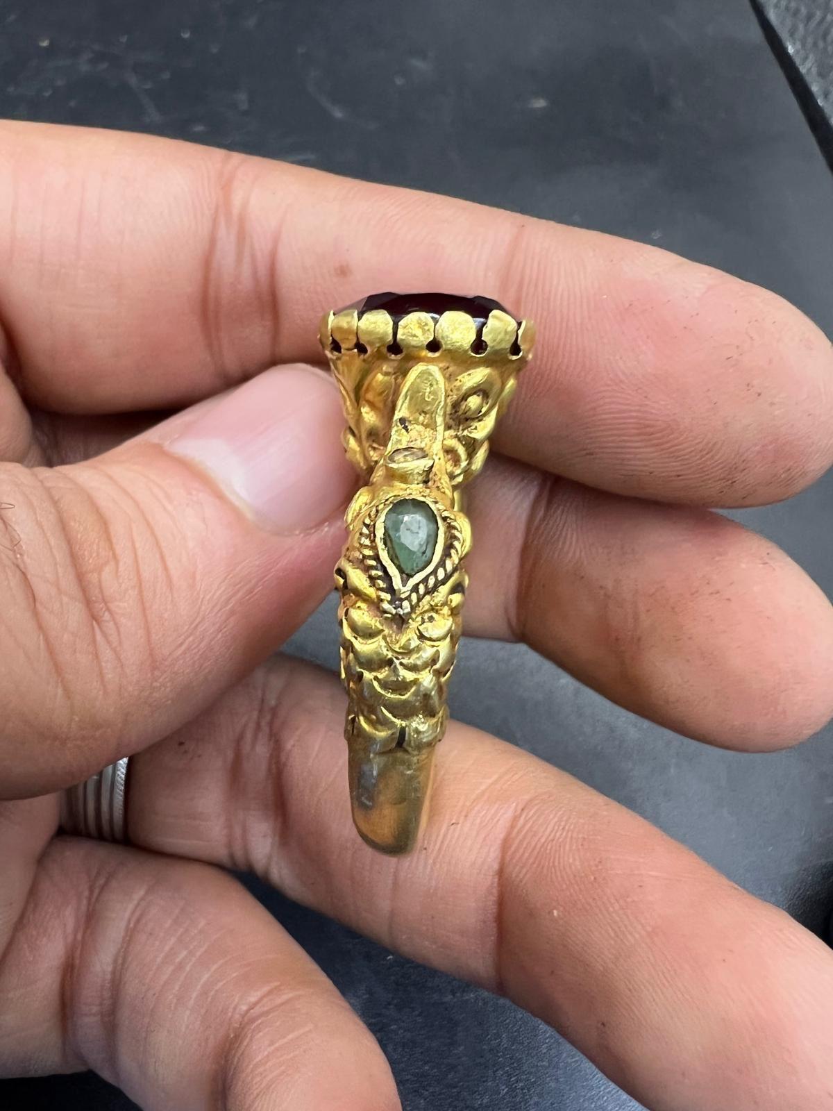 Cabochon Bochic Curated Antique Ring From Burma 18k Solid Gold With Ruby & Emeralds For Sale