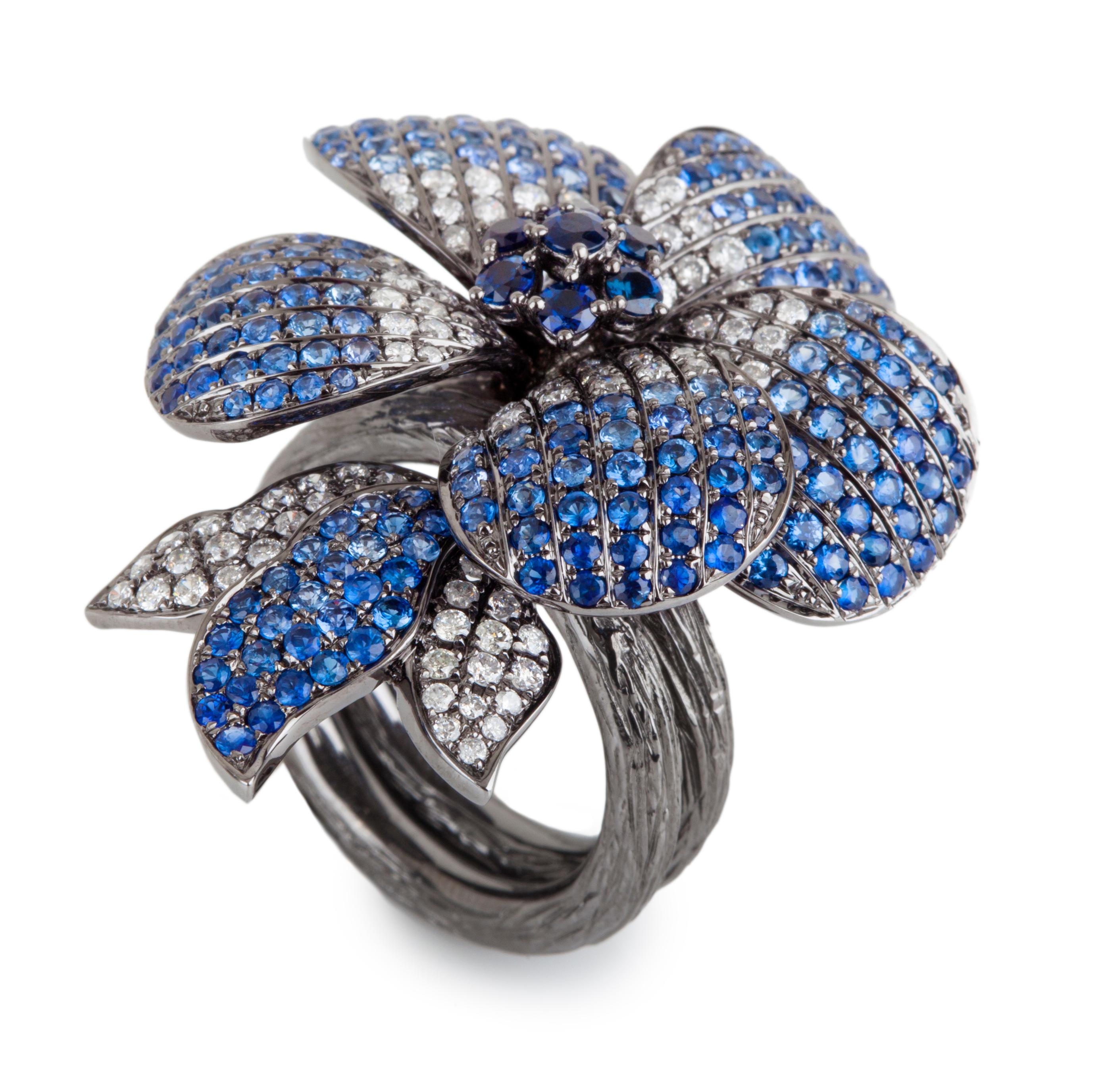 Art Deco Bochic Diamond and Sapphire Double Folding Lotus ring  For Sale