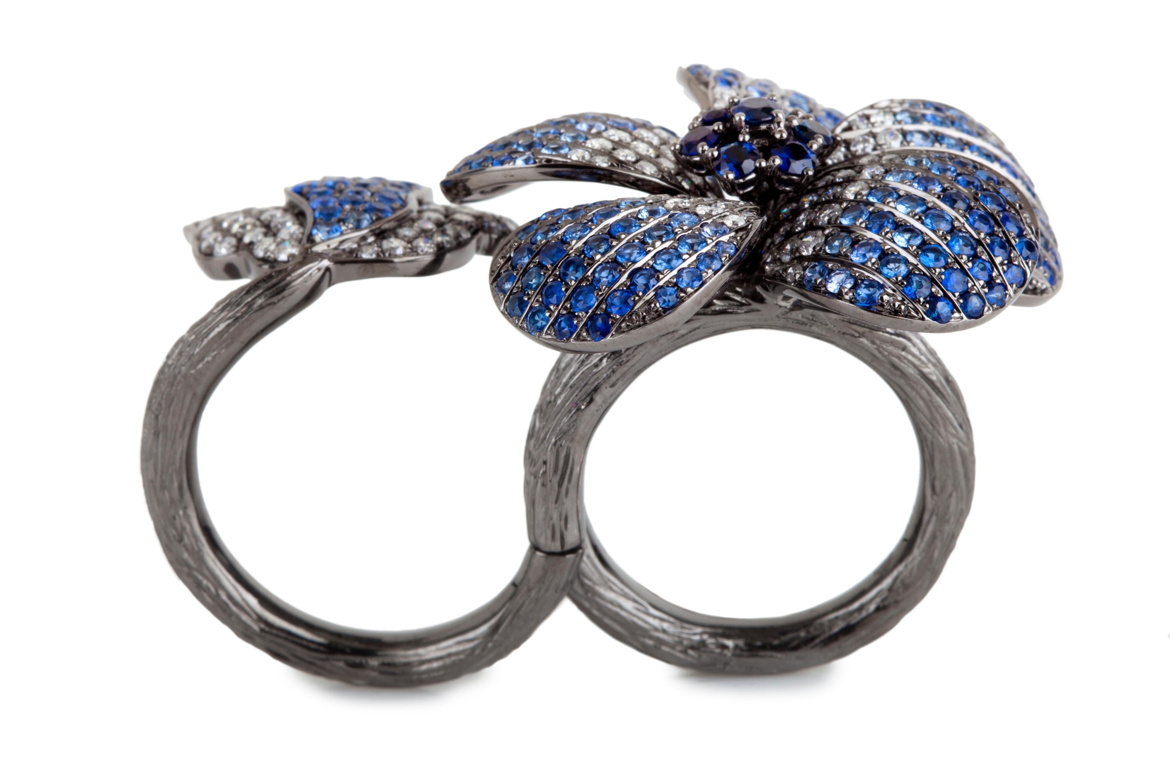 Brilliant Cut Bochic Diamond and Sapphire Double Folding Lotus ring  For Sale
