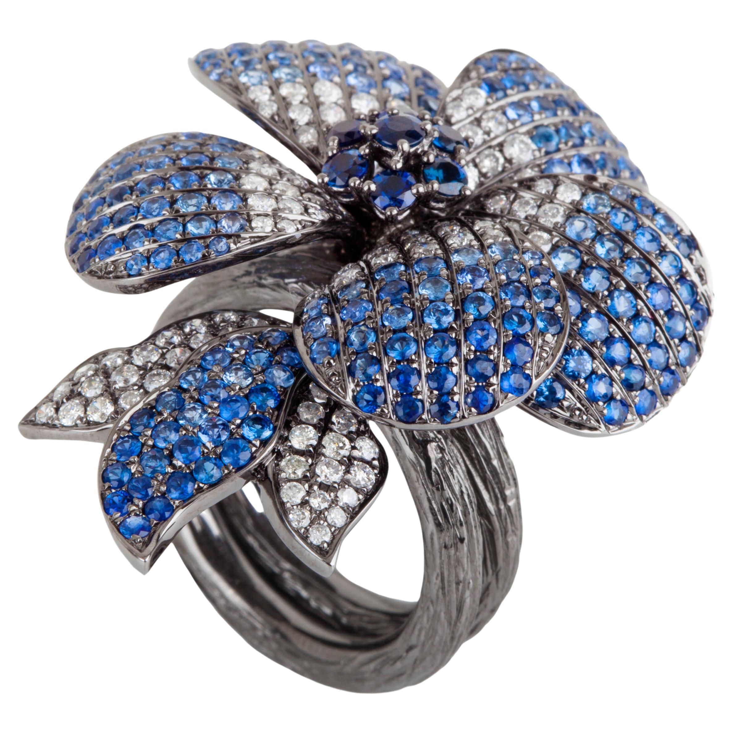 Bochic Diamond and Sapphire Double Folding Lotus ring 