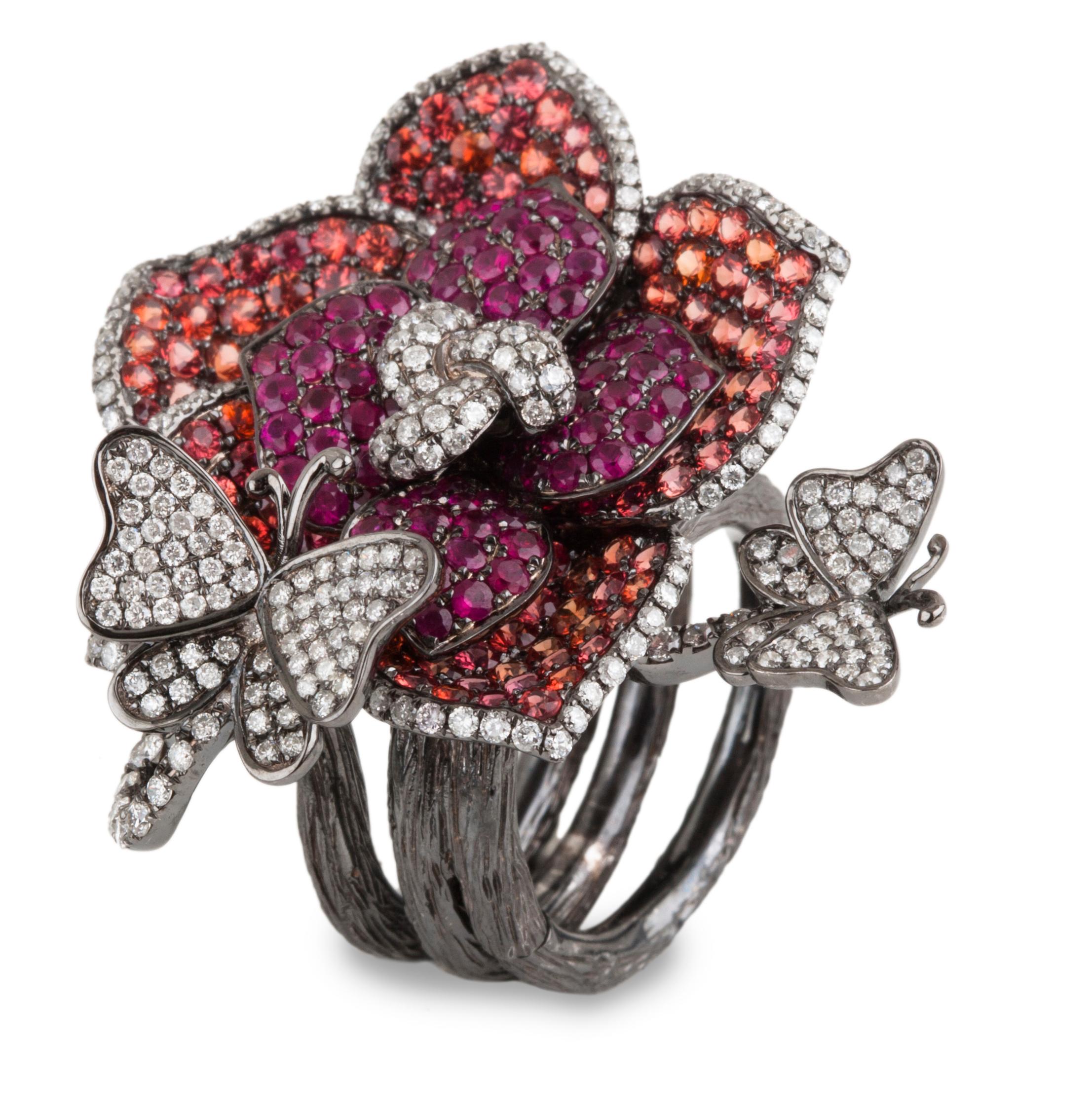 Bochic Diamant und Saphir - Schmetterling und Blume klappbarer Ring  (Brillantschliff) im Angebot