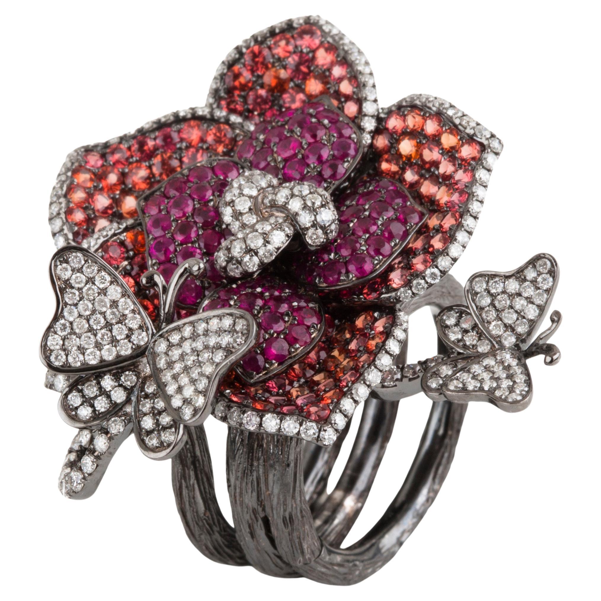 Bochic Diamant und Saphir - Schmetterling und Blume klappbarer Ring  im Angebot