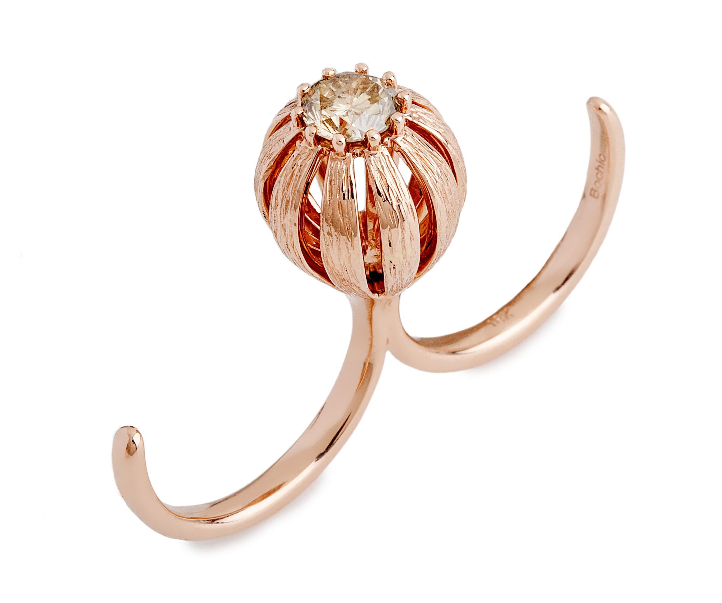 Art Deco Bochic Diamond Crown Ring 1.25ct Champagne Center Diamond Set In 18 Gold  For Sale