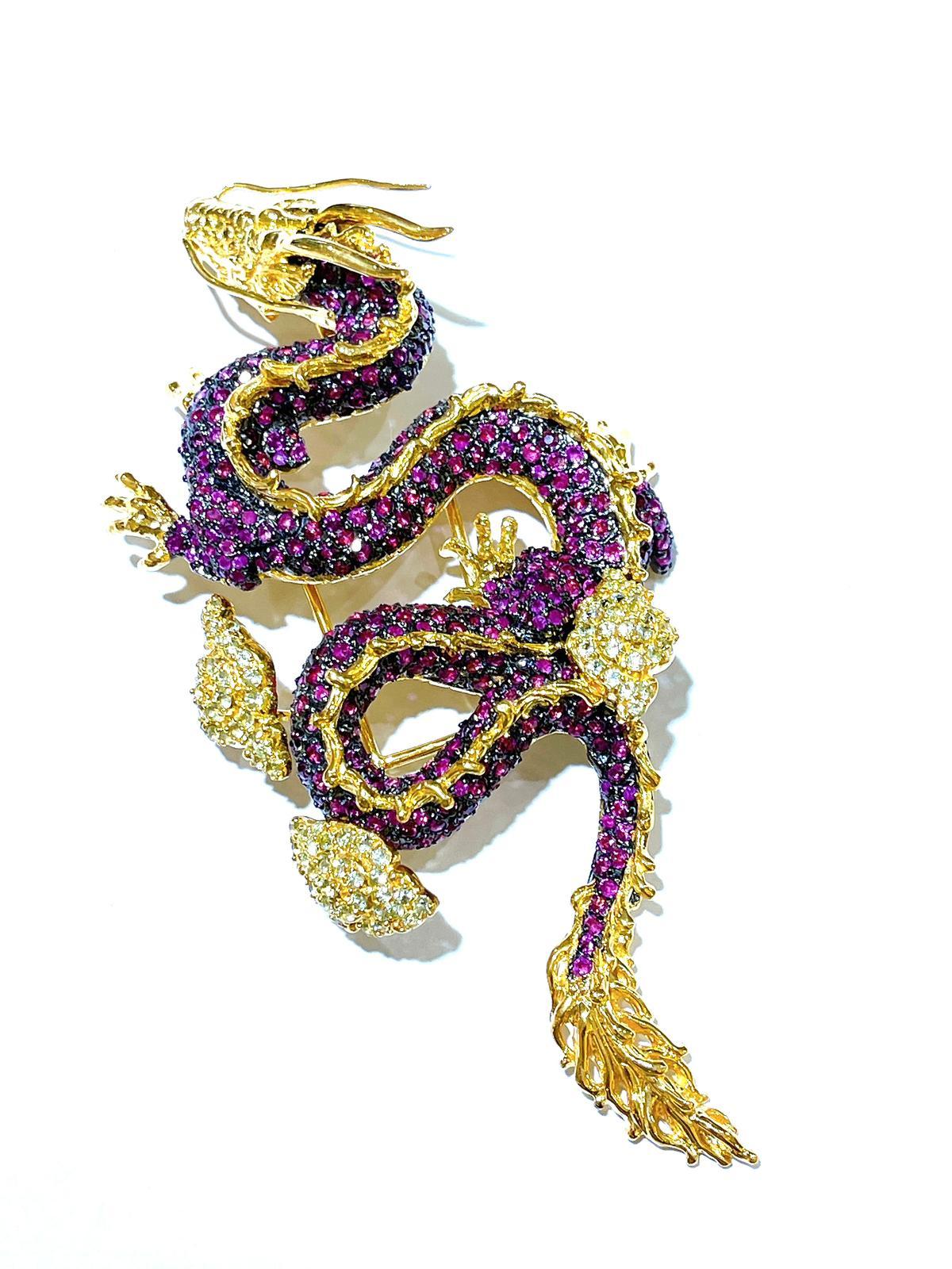 Retro Bochic Dragon “Orient” Ruby & White Zircon Brooch In 18K Gold & Silver  For Sale